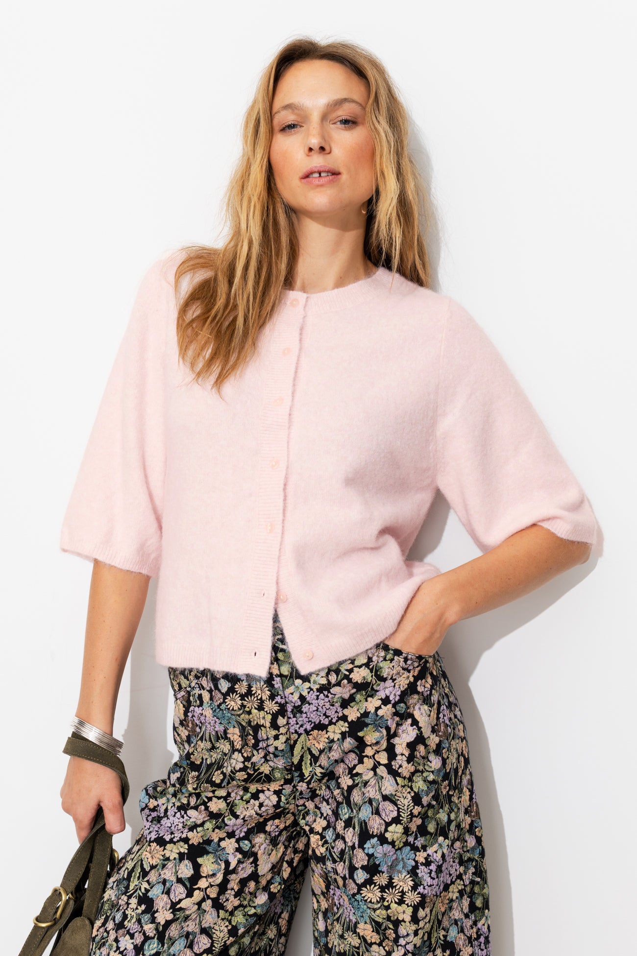 Pull / cardigan recto verso - Rose pâle