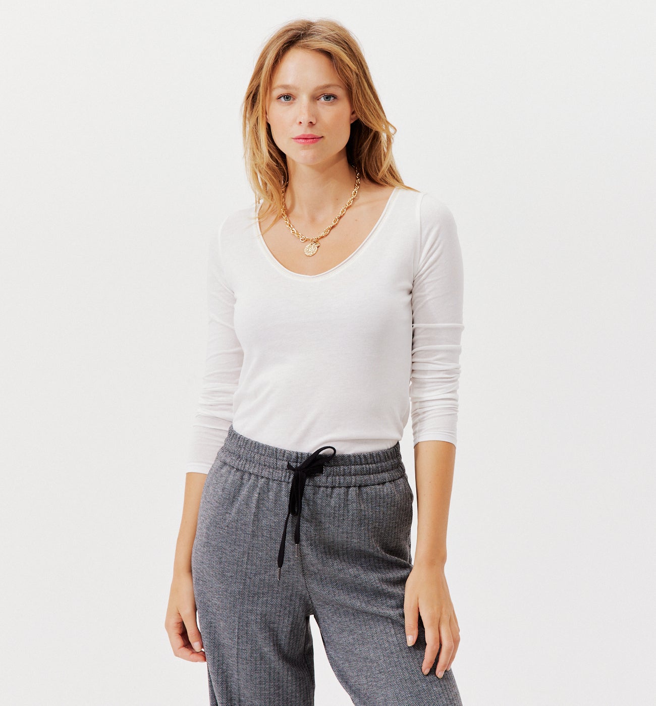 T-shirt col V Femme - Ecru