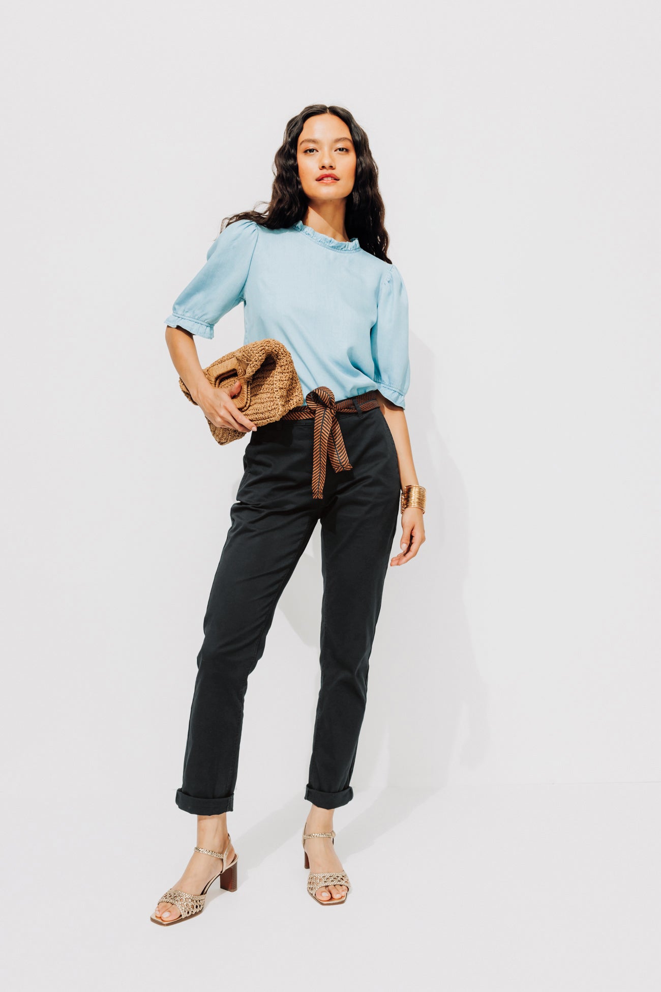 Pantalon chino ceinturé Femme - Marine