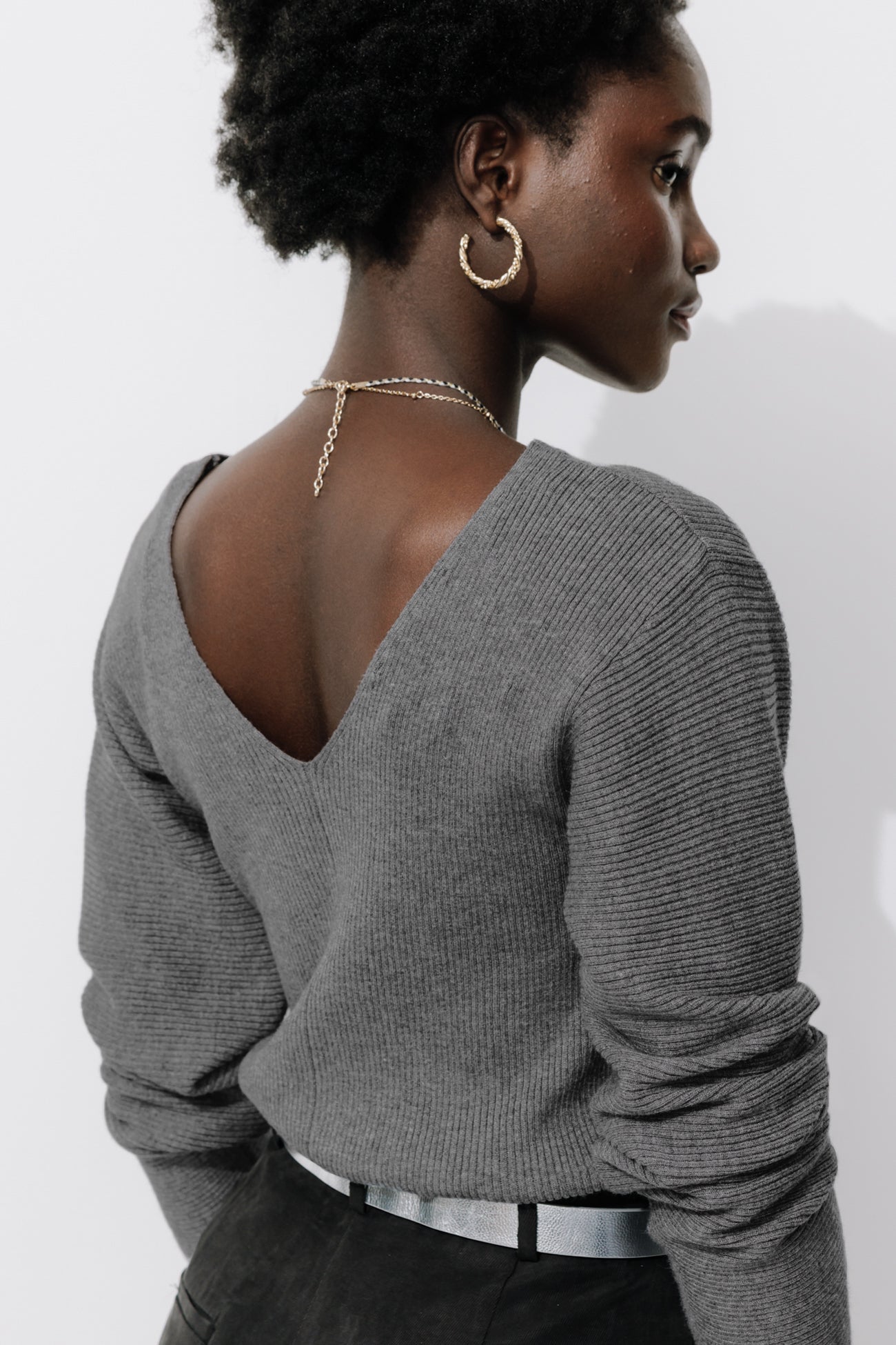 Pull côtelé col V Femme - Gris clair – Image 3
