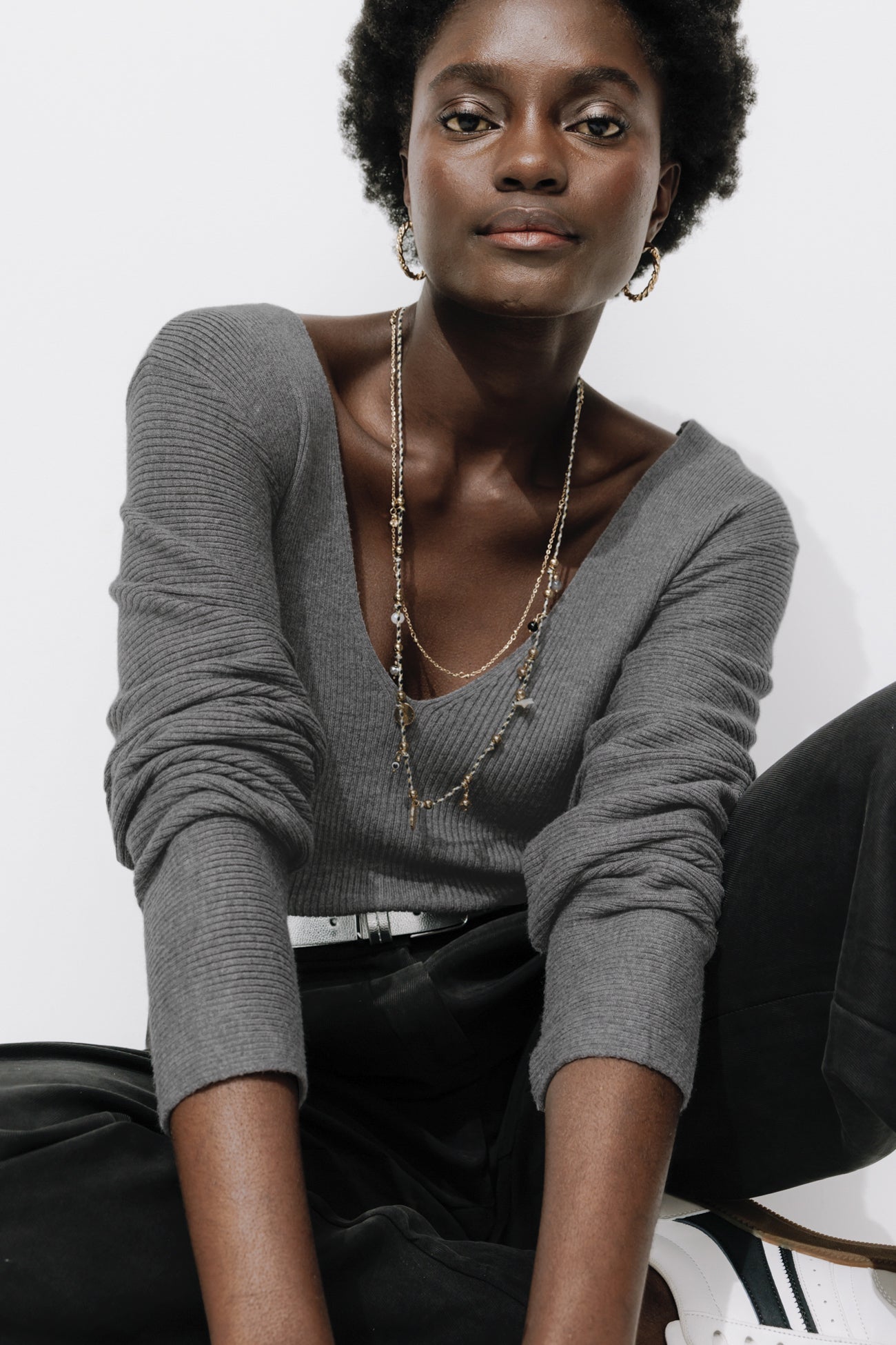 Pull côtelé col V Femme - Gris clair