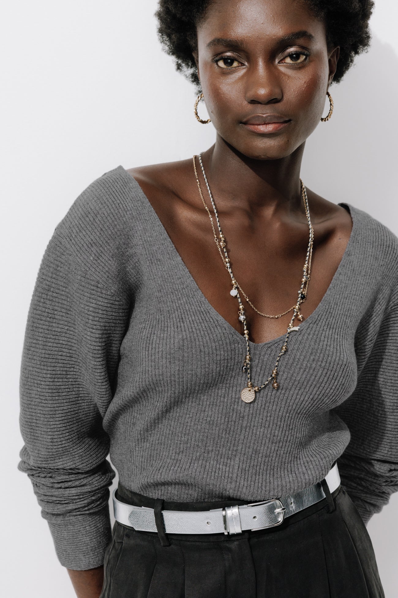 Pull côtelé col V Femme - Gris clair – Image 4