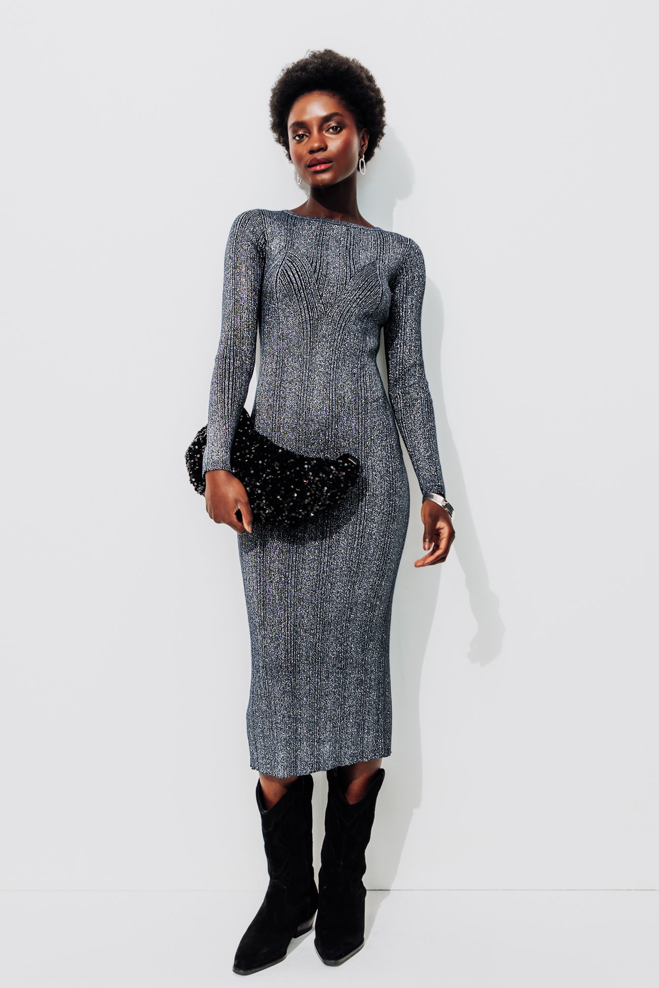 Longue robe-pull pailletée – Argent