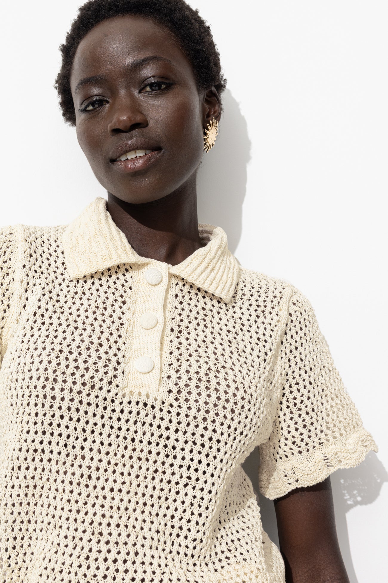 Pull polo en crochet Femme - Ecru