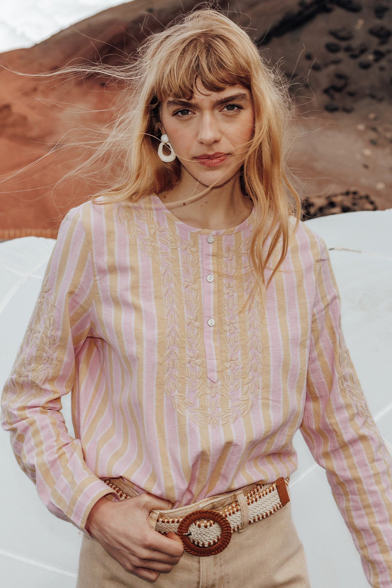 Tunique rayée brodée Femme – Rayé rose