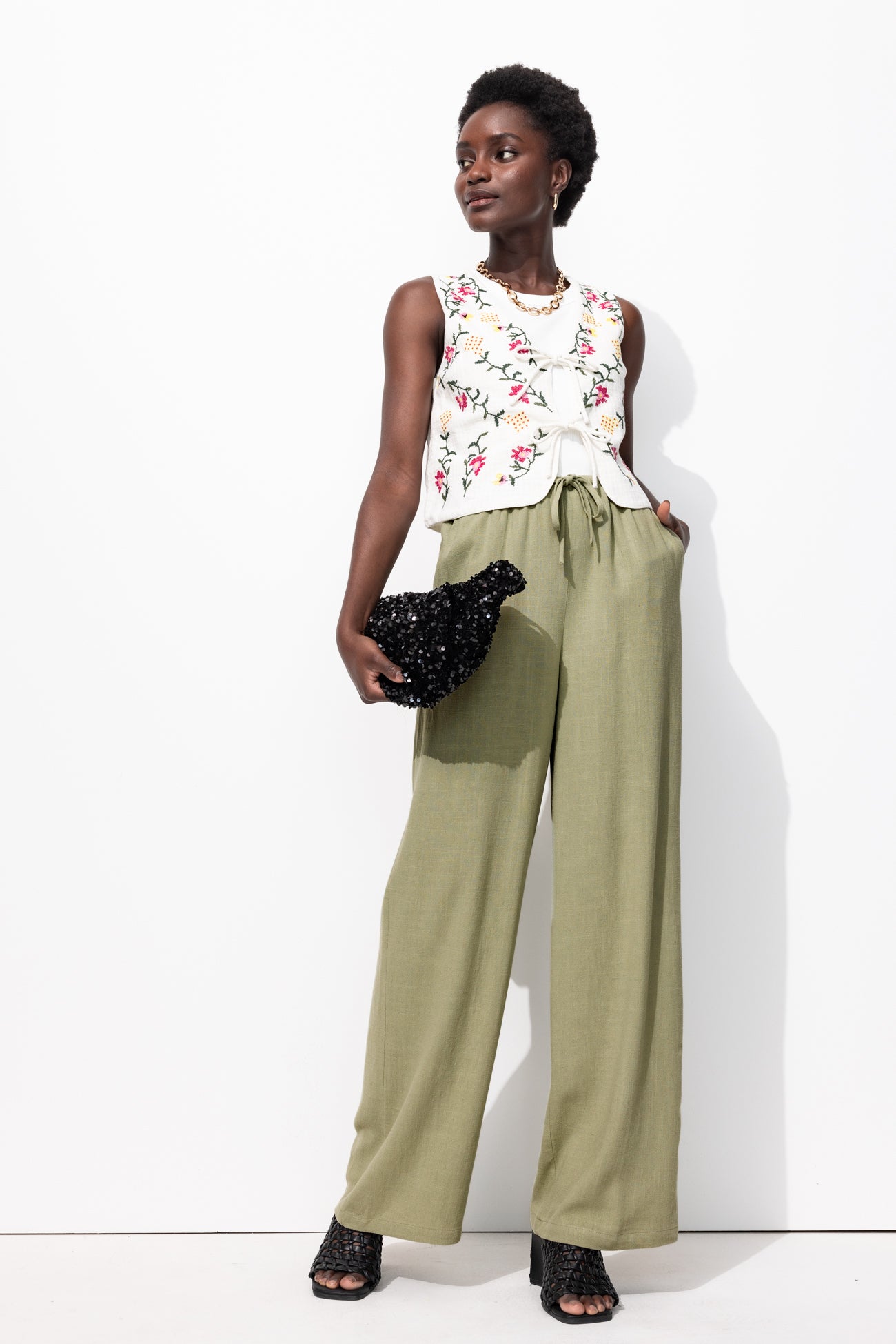Pantalon large taille haute - Vert