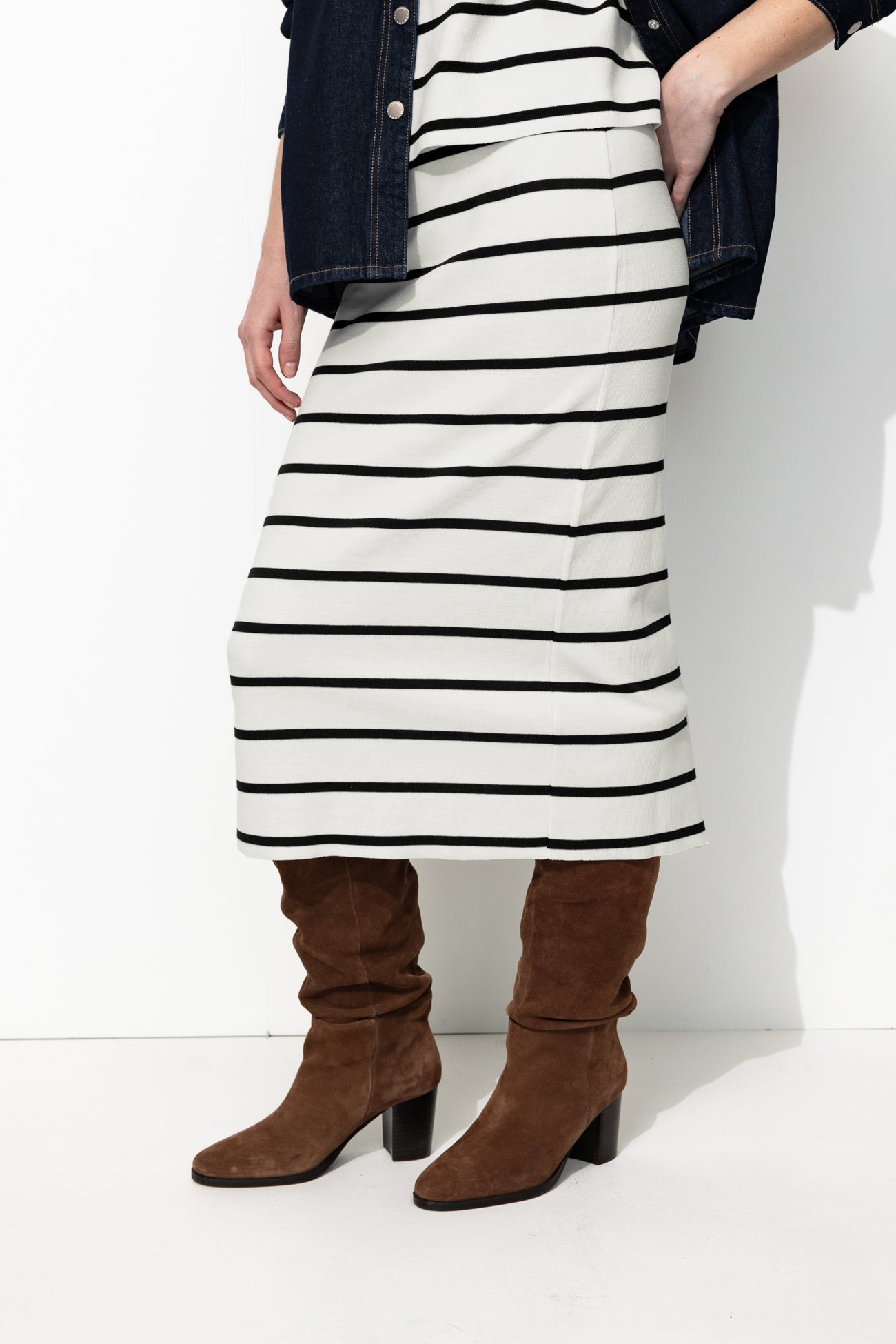 Jupe midi marinière Femme - Rayé écru