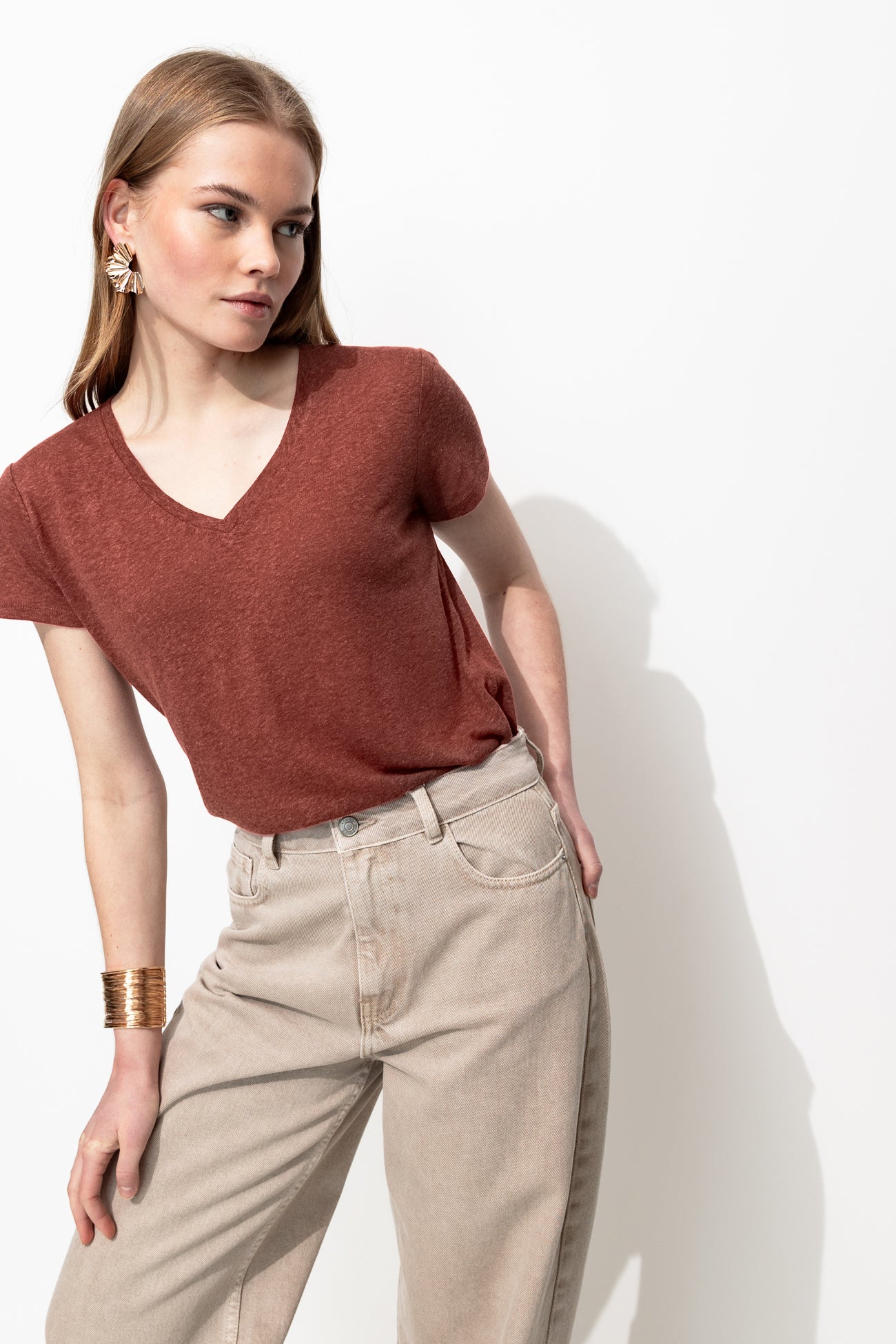T-shirt en lin mélangé Femme – Terre de sienne