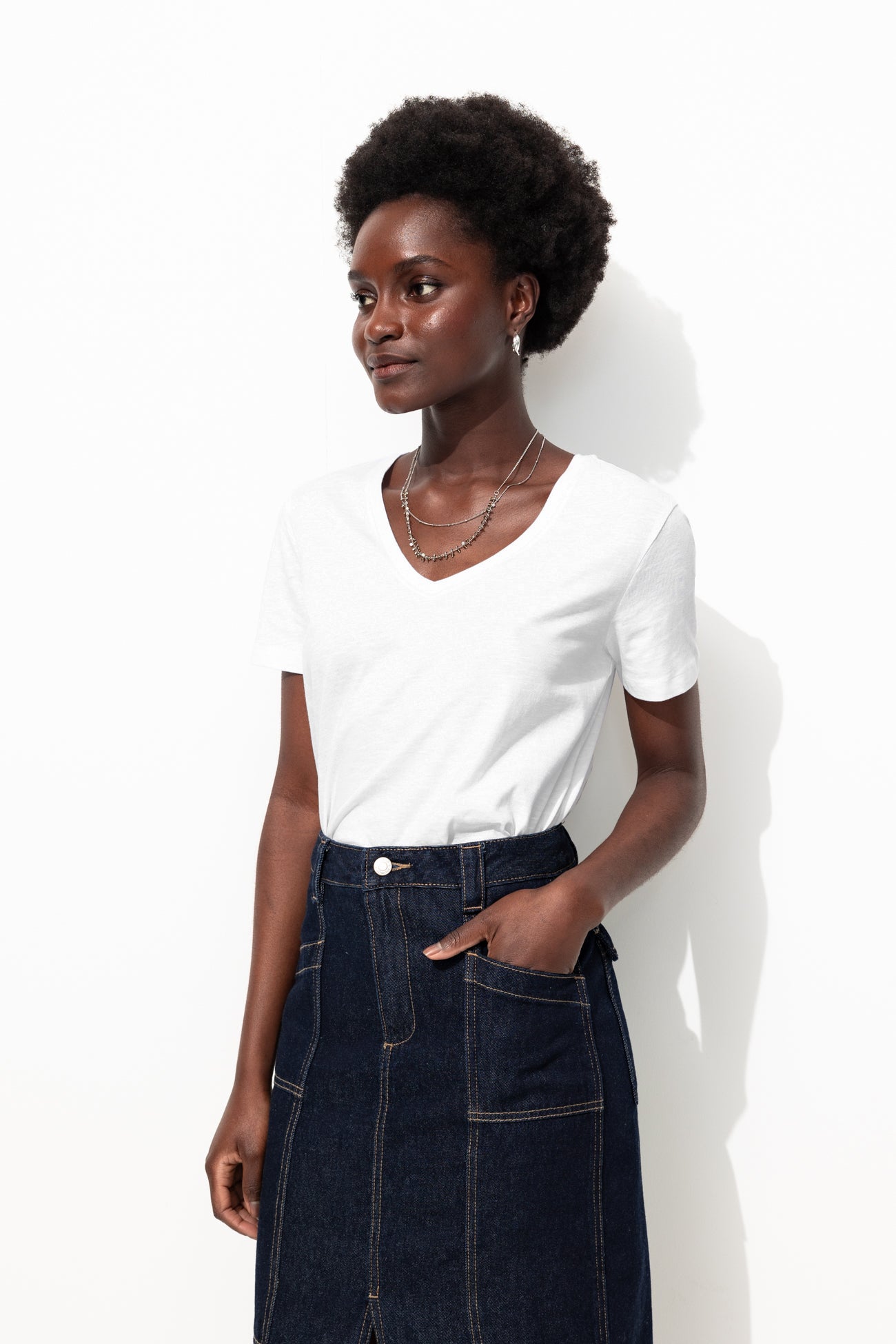 T-shirt col V Femme - Blanc
