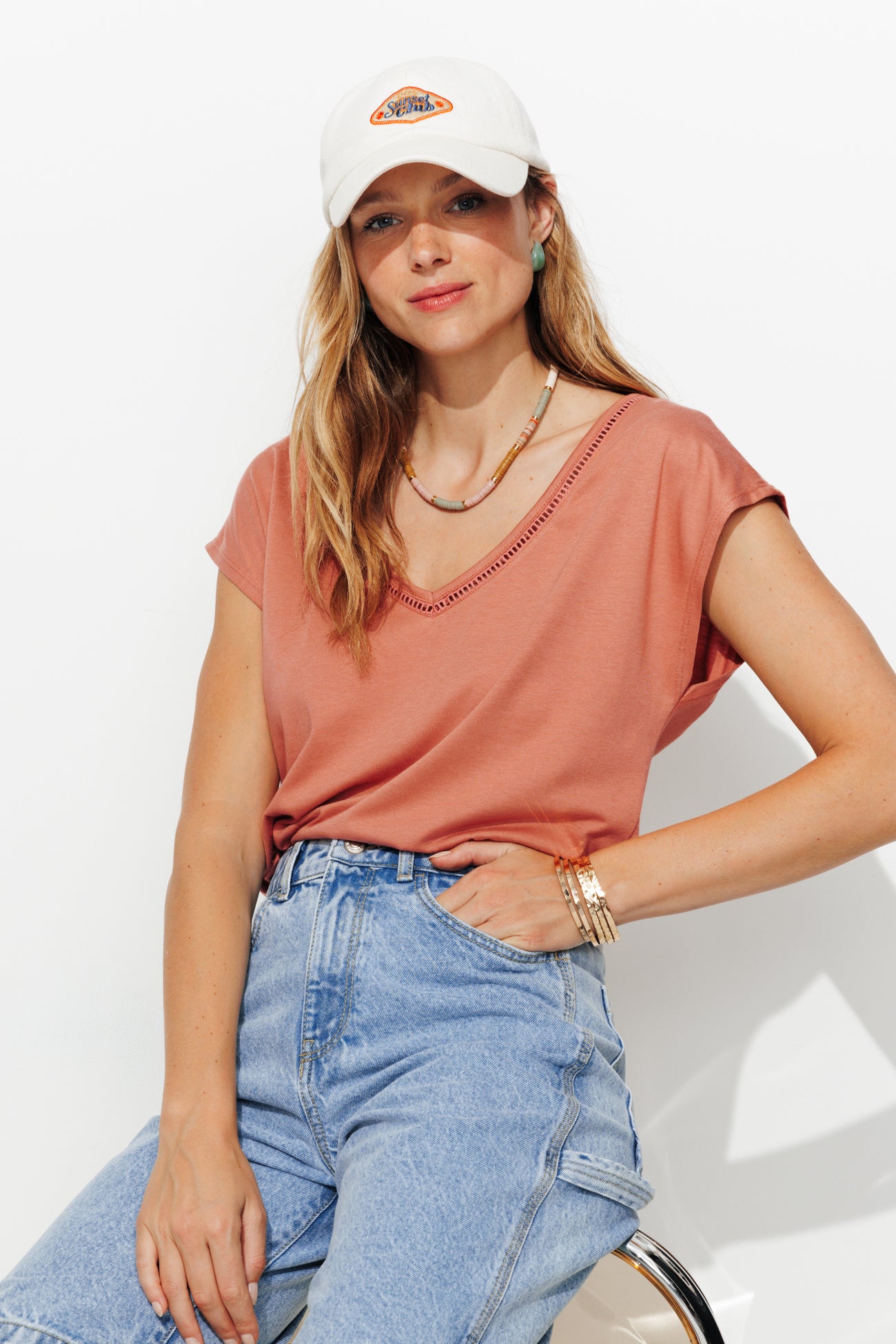 T-shirt col V uni Femme – Rose