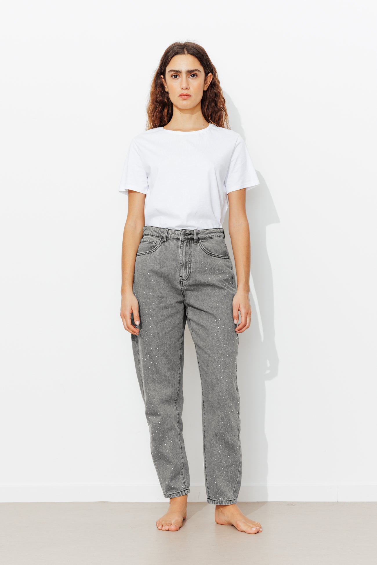Jean balloon strassé Femme - Jeans gris