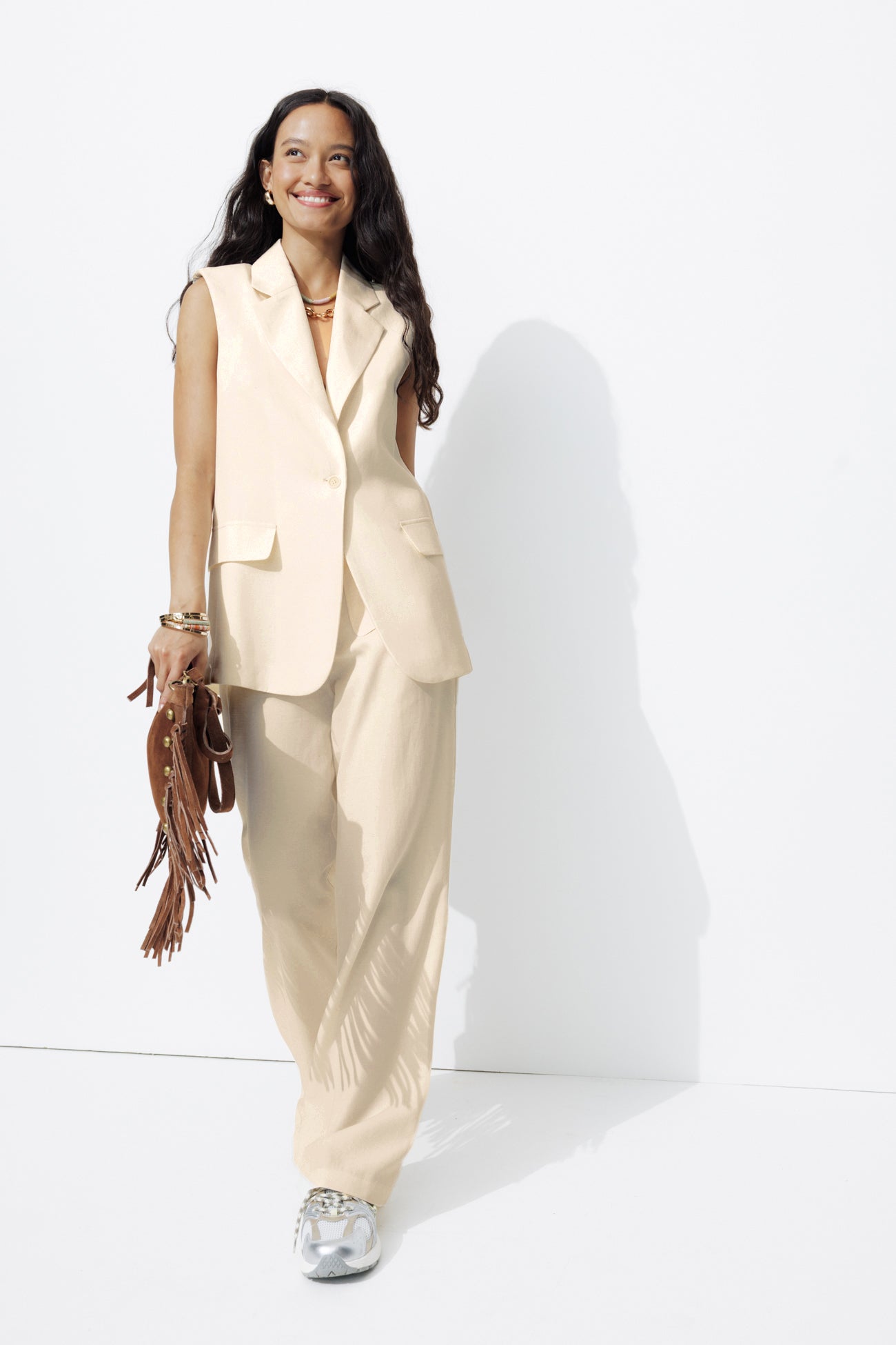 Pantalon large taille haute - Ecru