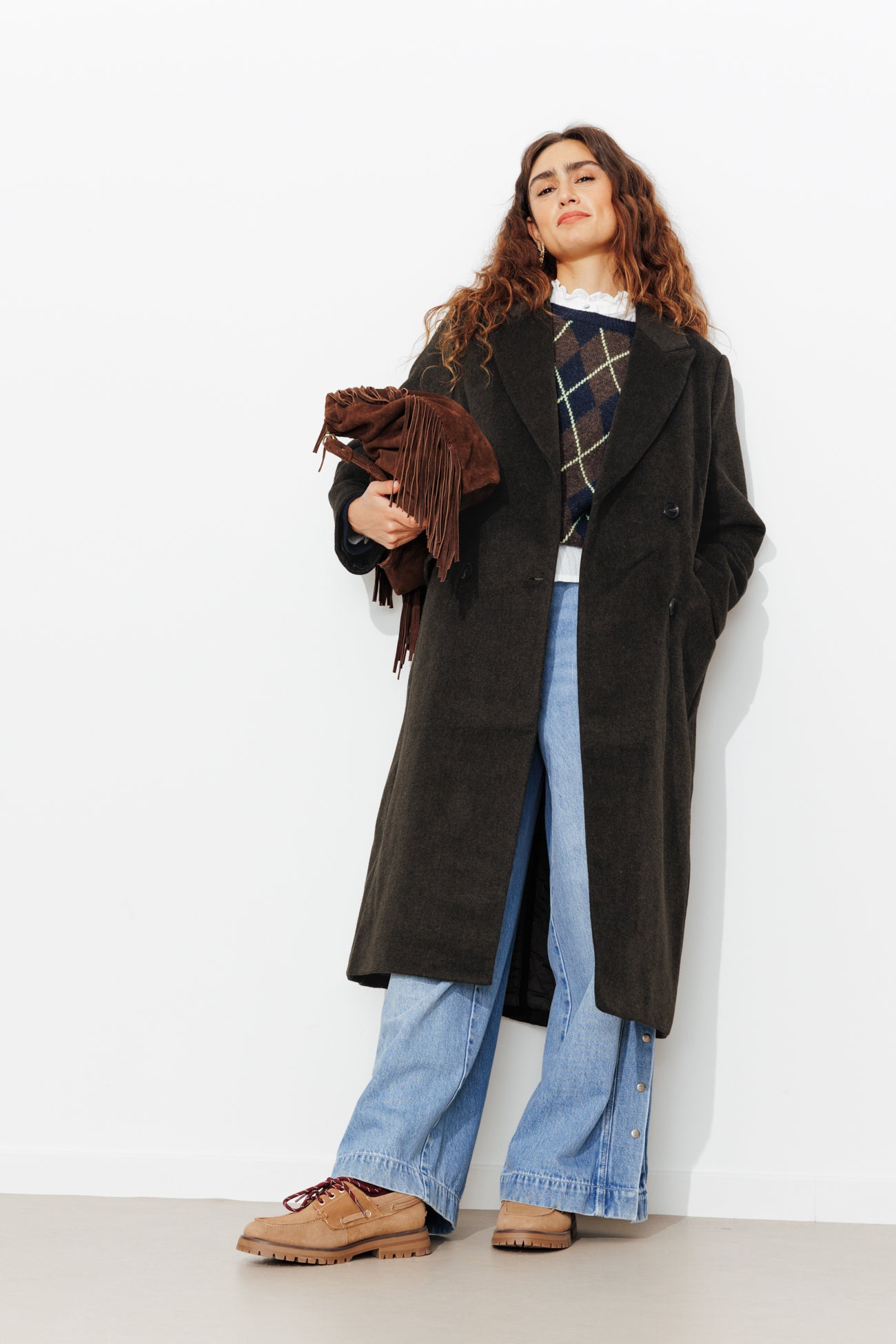 Manteau long en laine mélangée - Imprimé kaki