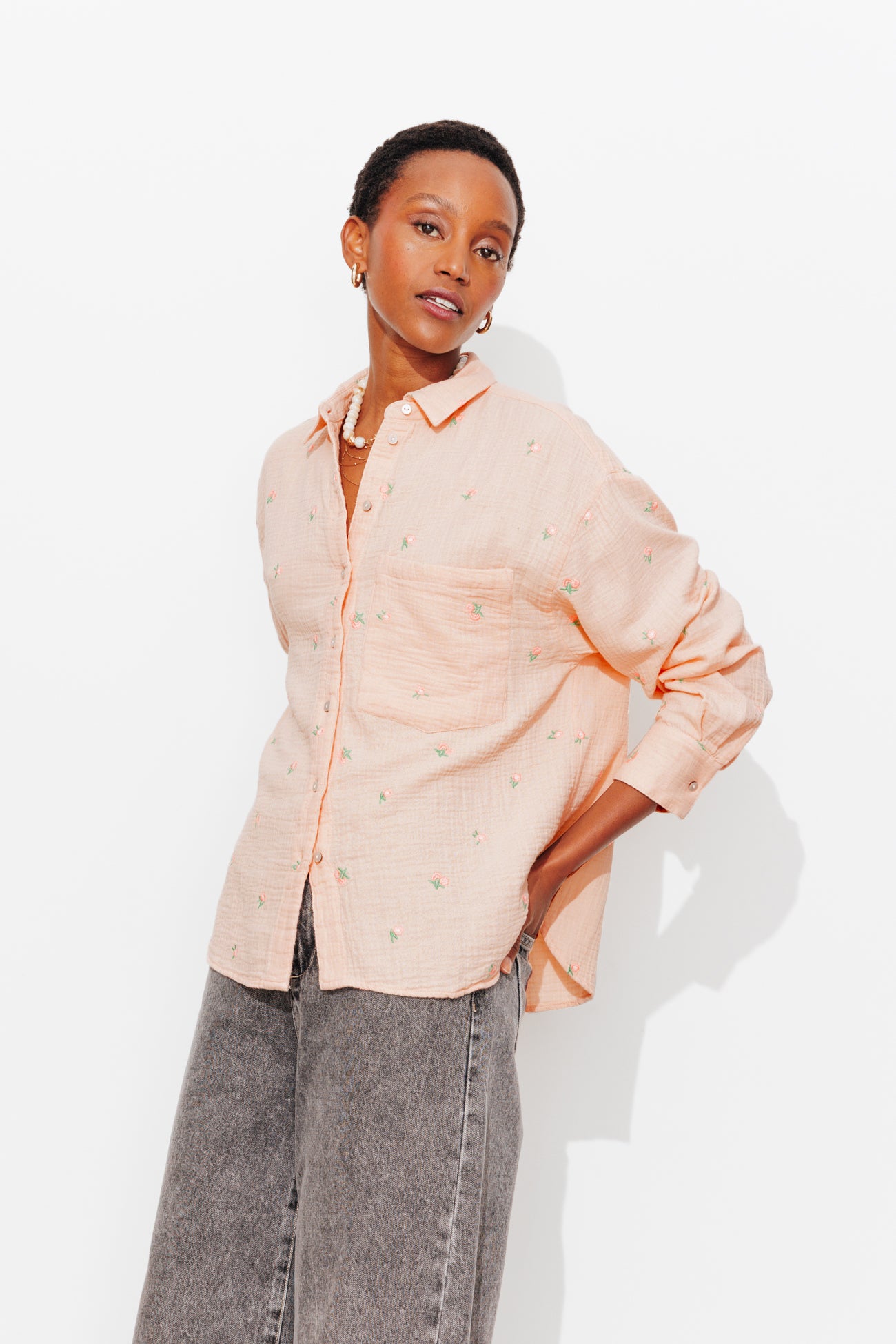Chemise brodée gaze de coton - Rose – Image 2