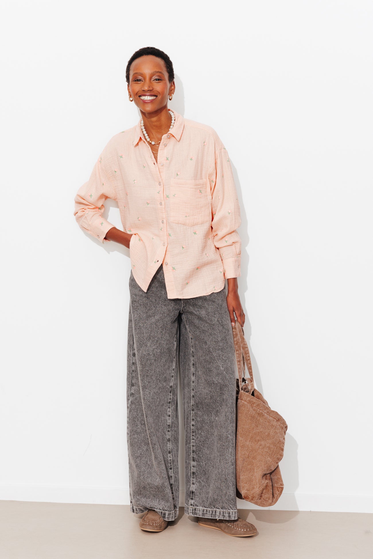 Chemise brodée gaze de coton - Rose