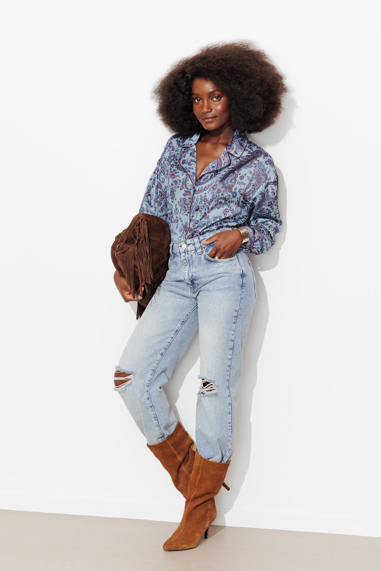 Chemise en satin imprimée - Imprimé bleu