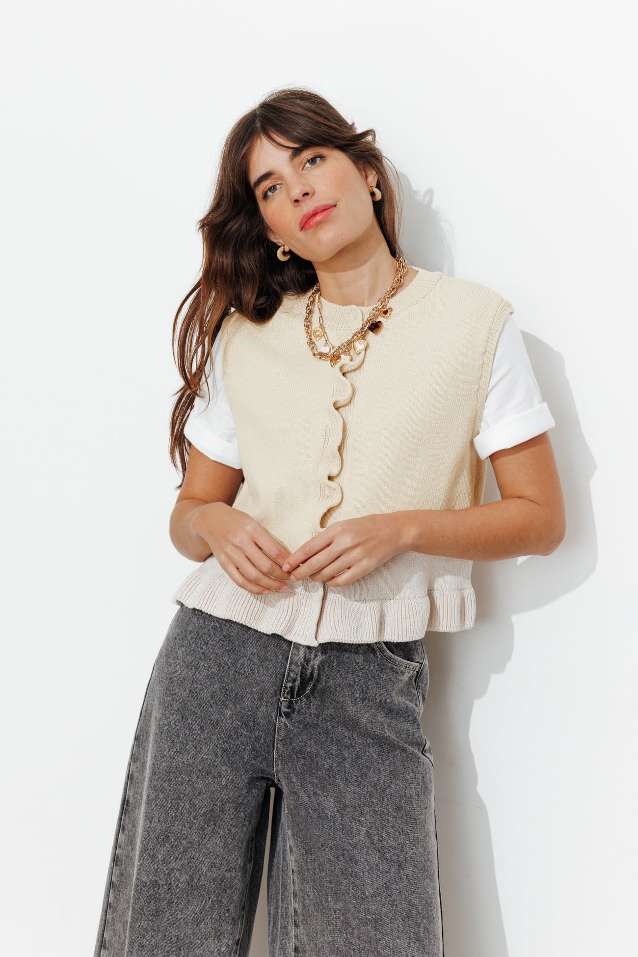 Pull à effet superposé Femme – Ecru