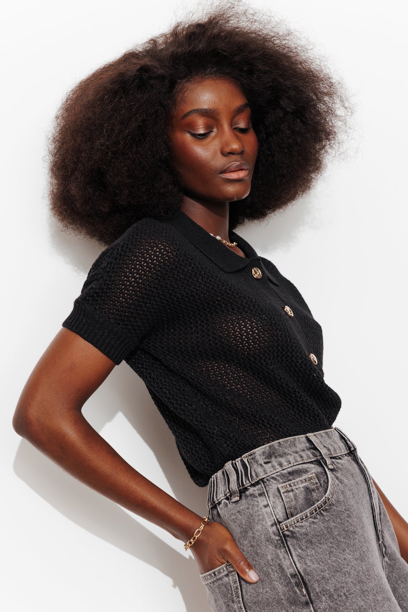 Pull polo pailleté Femme - Noir – Image 2