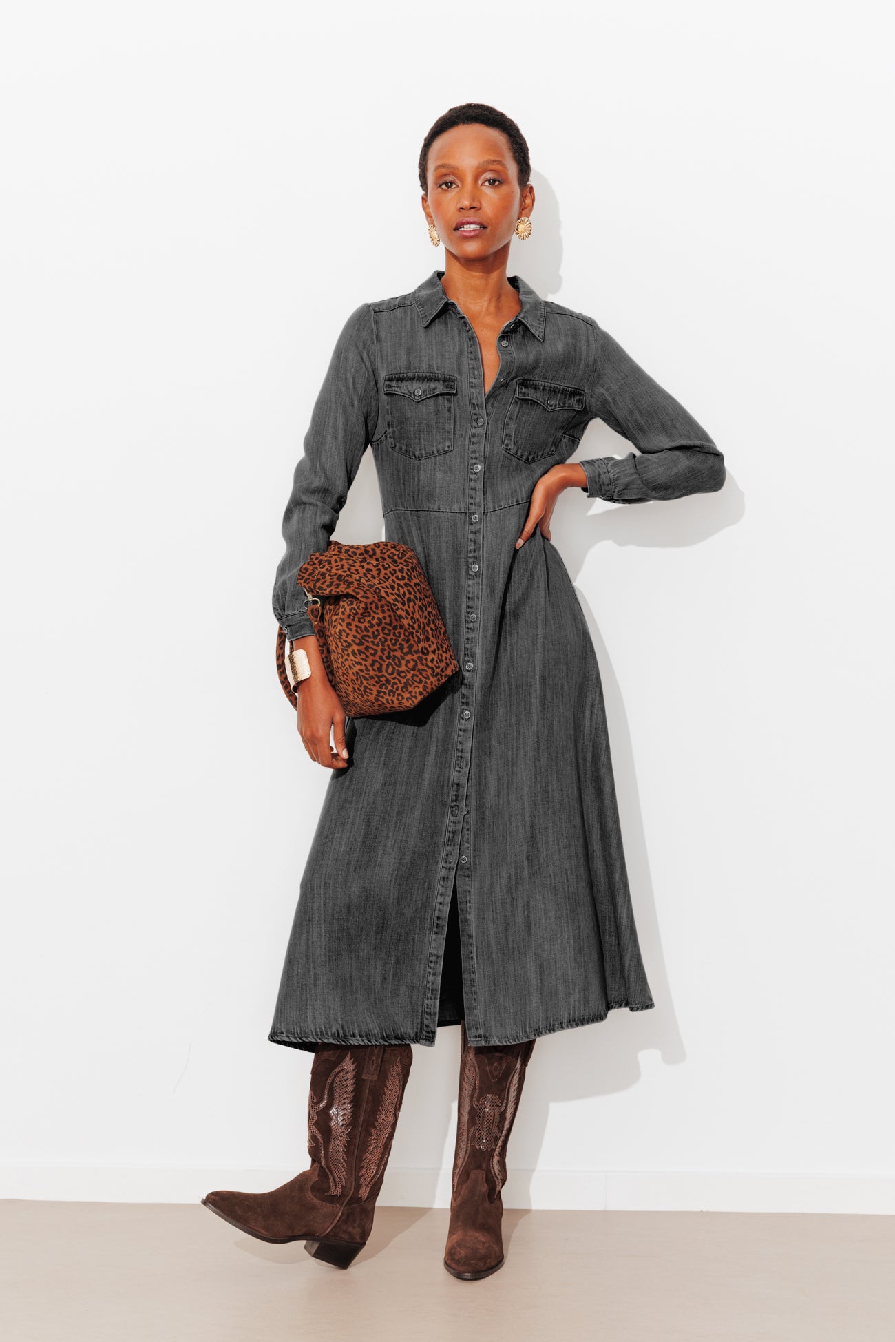 Longue robe-chemise en lyocell – Gris