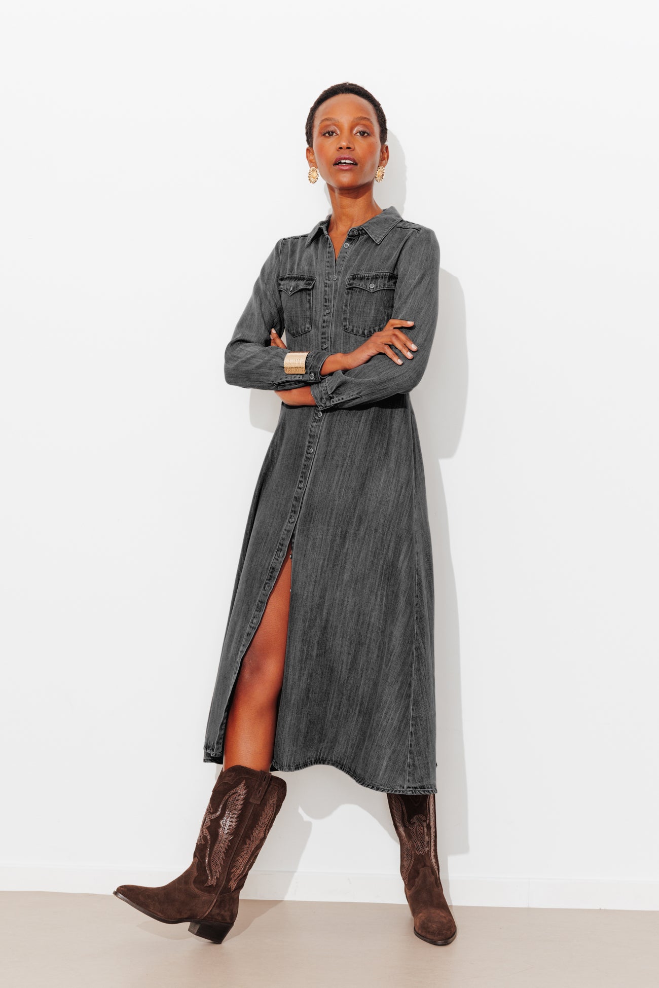 Longue robe-chemise en lyocell – Gris