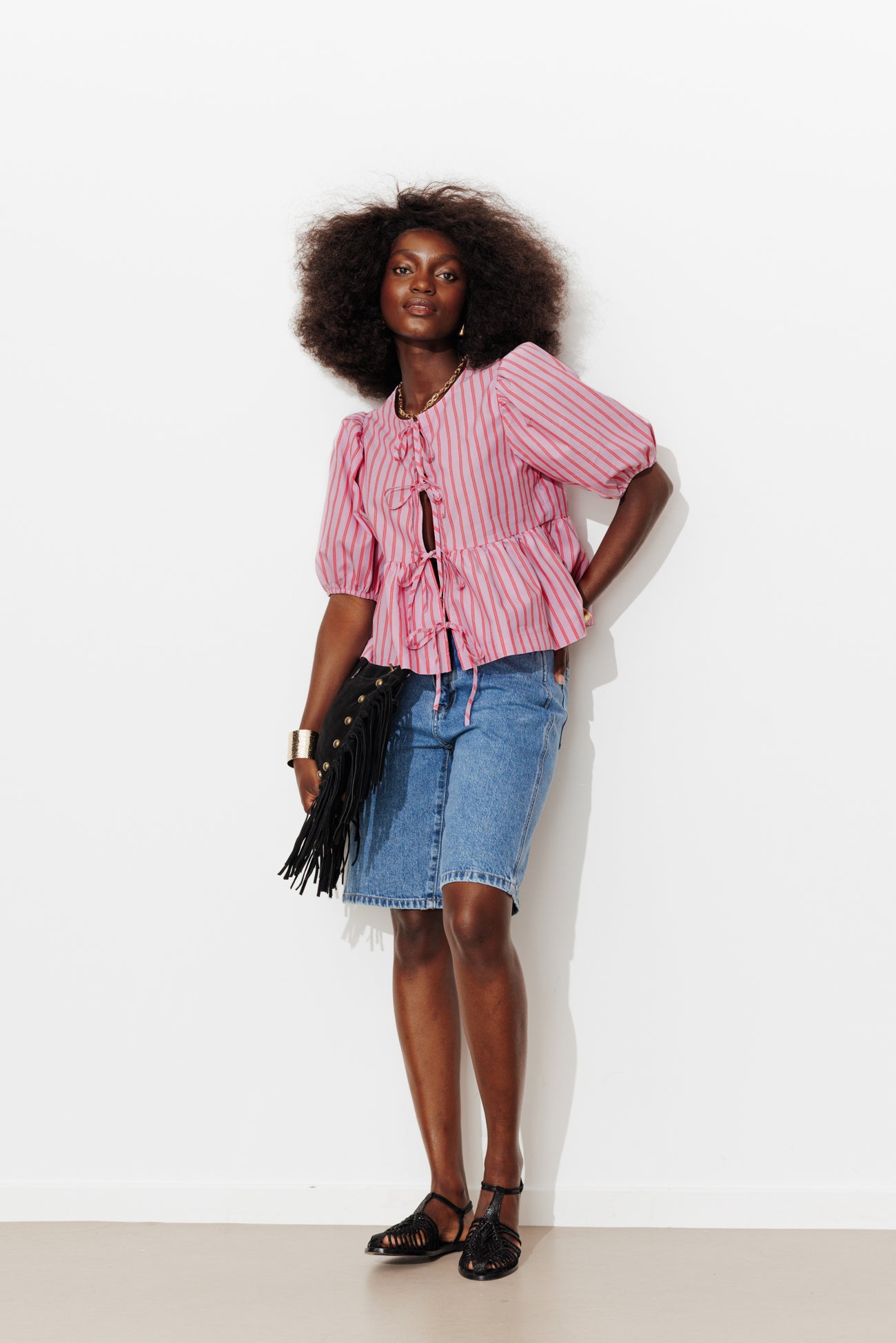 Blouse rayée à nouettes Femme - Rayé rose – Image 2