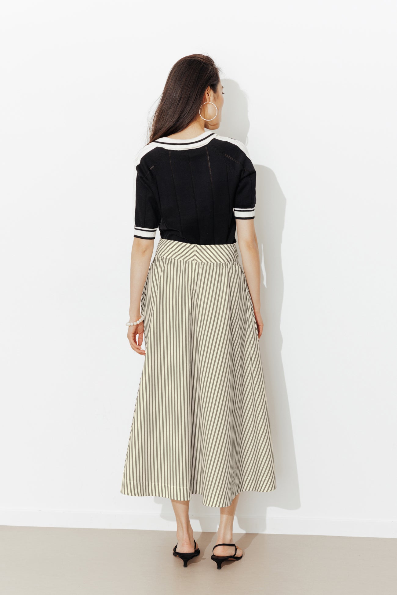 Jupe midi évasée rayée Femme - Rayé kaki – Image 3