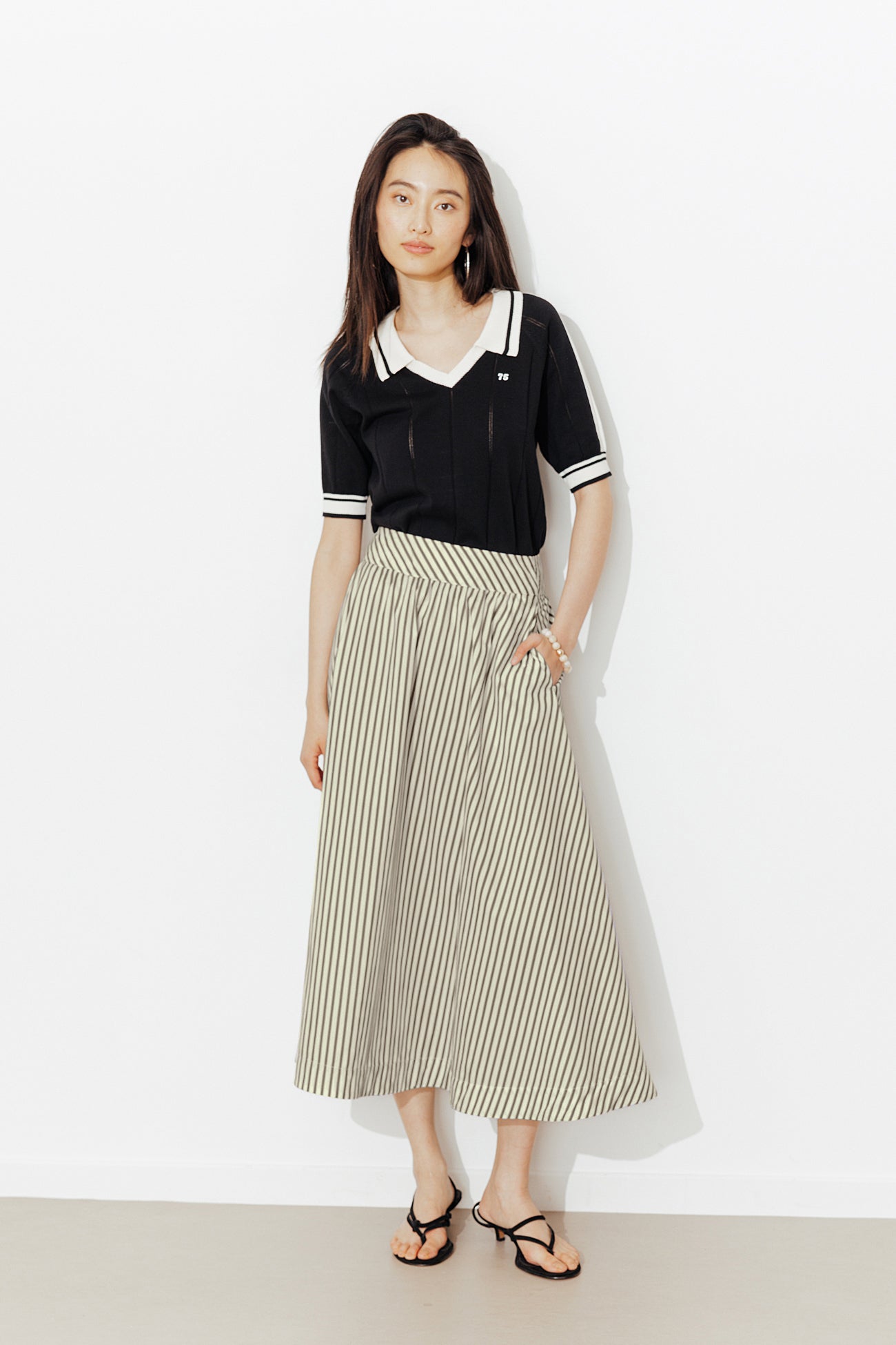 Jupe midi évasée rayée Femme - Rayé kaki