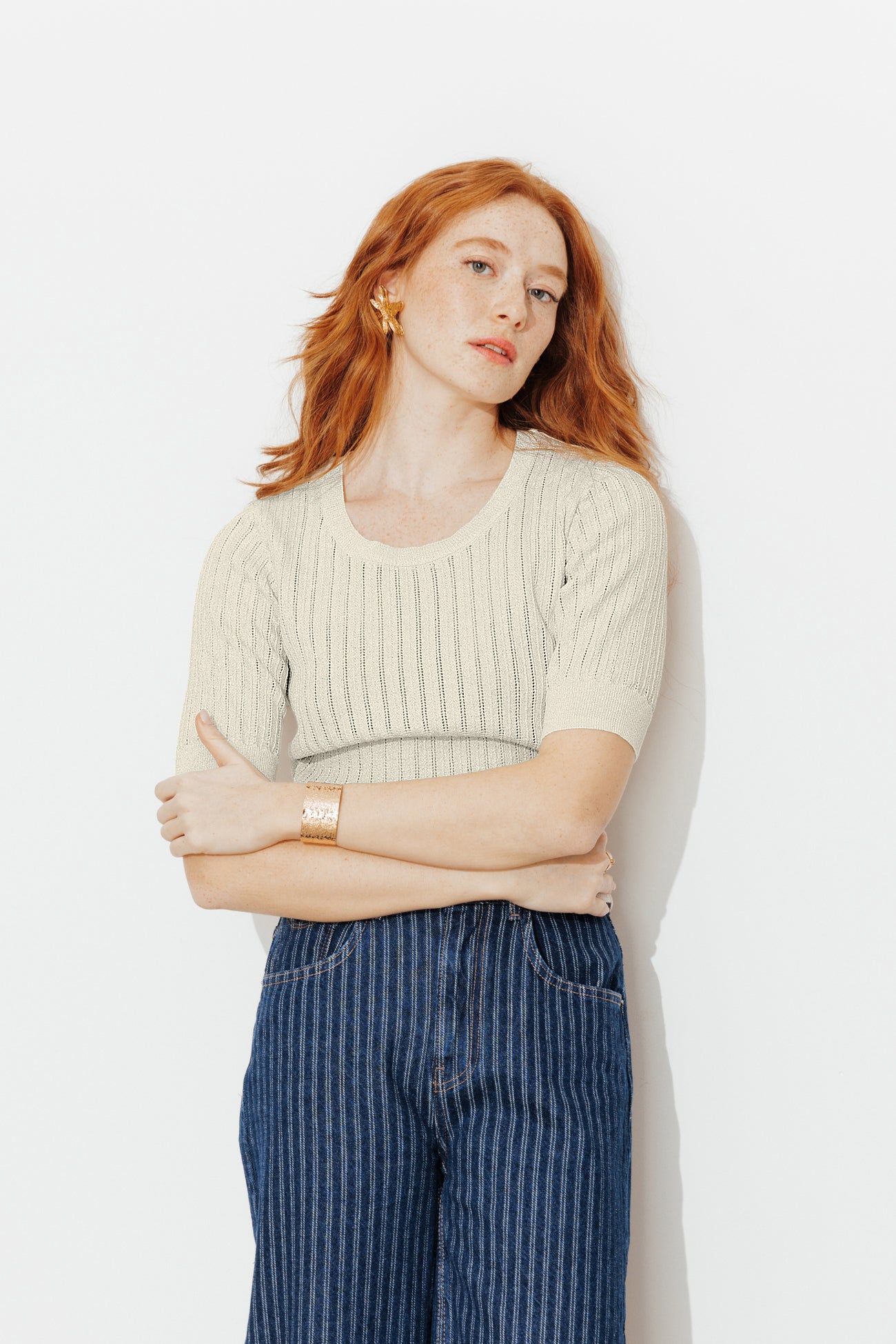 Pull court à paillettes Femme - Ecru