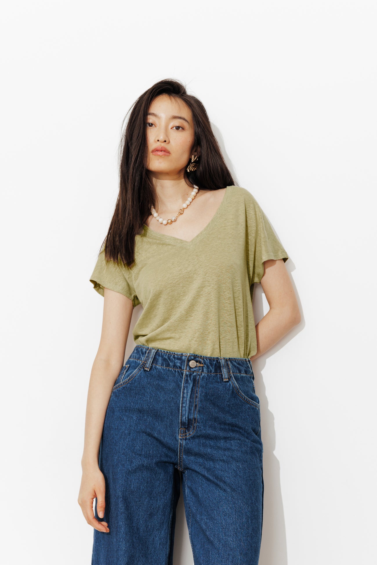 T-shirt uni col V Femme - Vert
