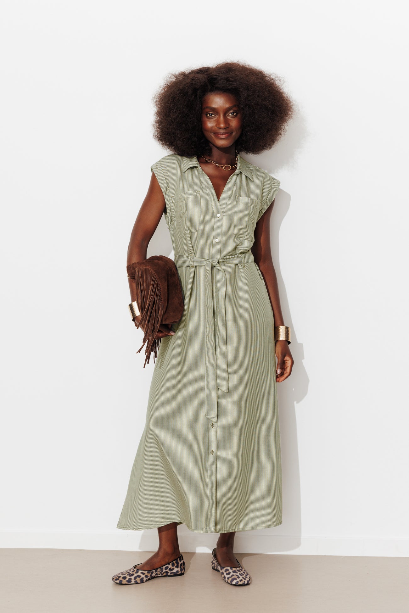 Robe-chemise rayée Femme - Rayé kaki