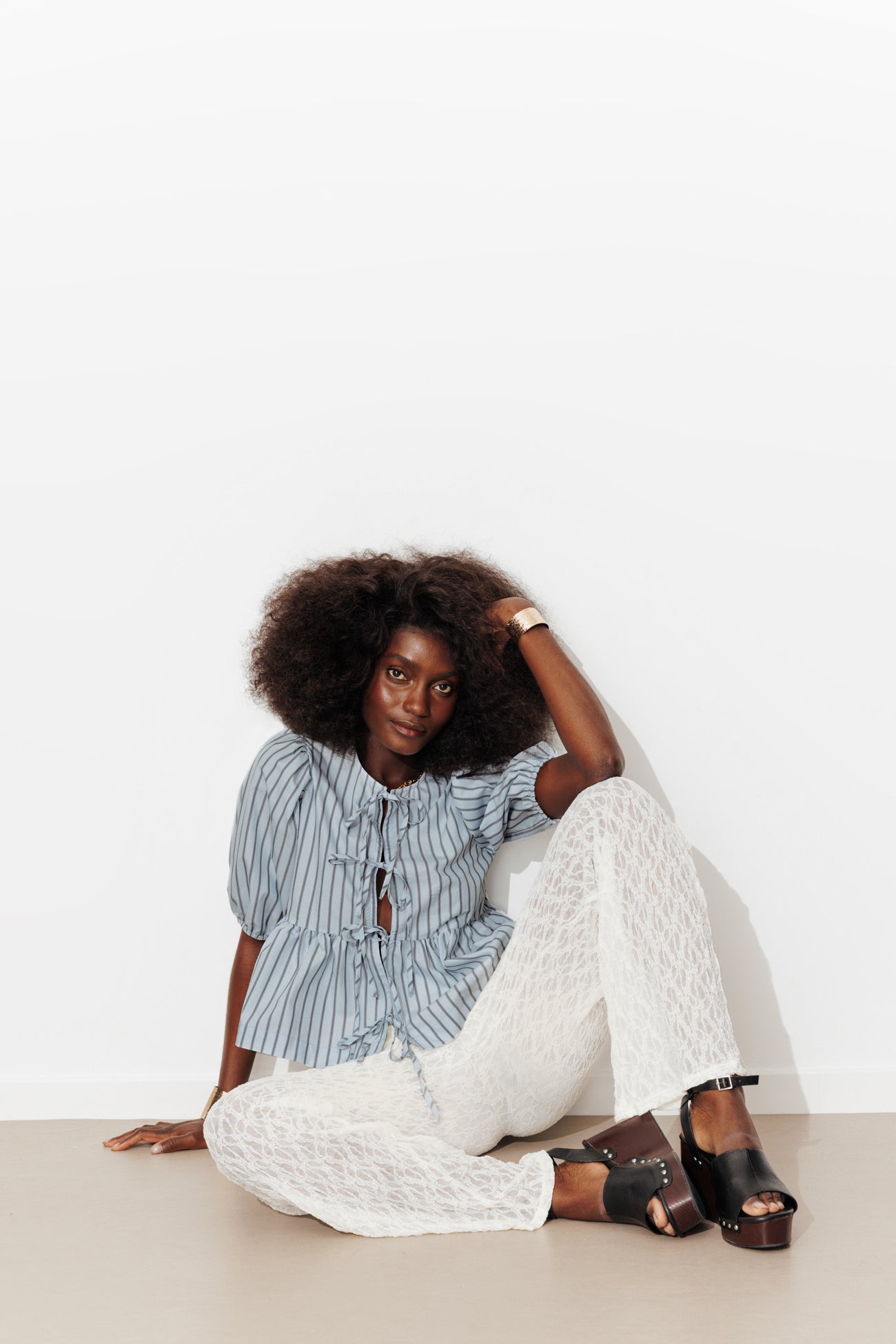 Blouse rayée à nouettes Femme - Rayé bleu – Image 4