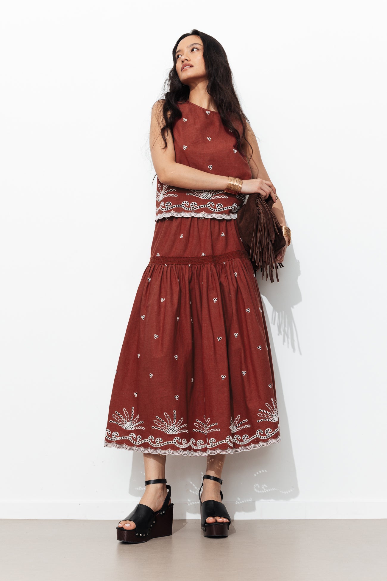 Jupe jupon midi brodée Femme - Marron – Image 2