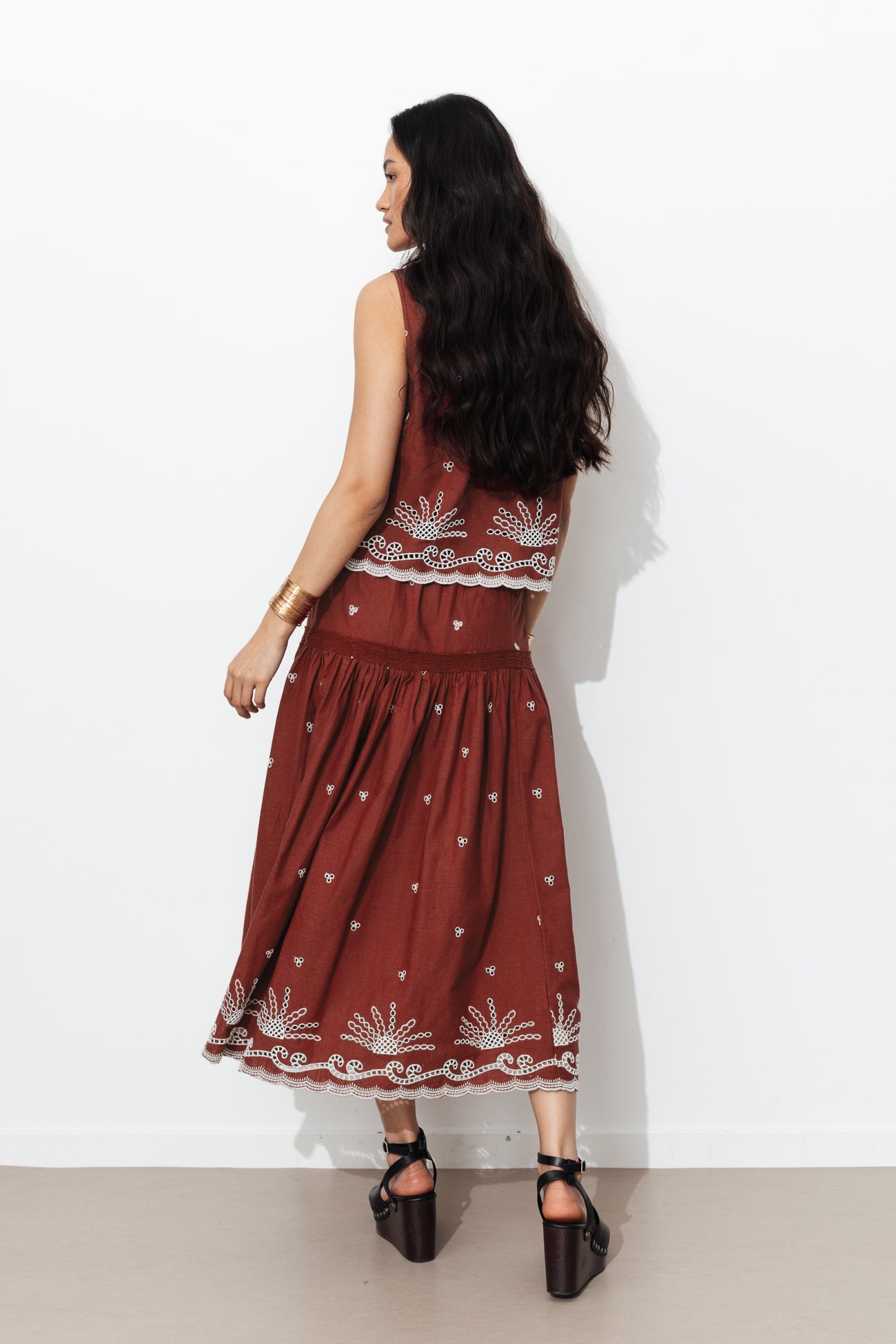 Jupe jupon midi brodée Femme - Marron – Image 3