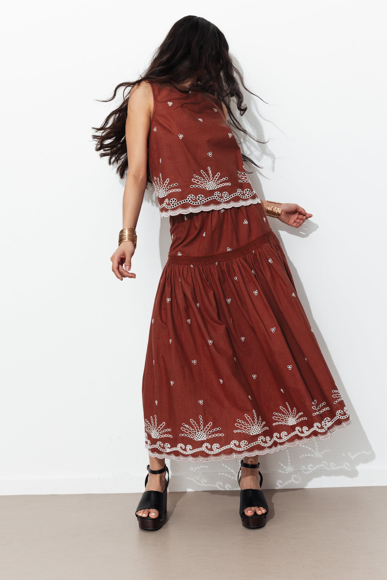 Jupe jupon midi brodée Femme - Marron