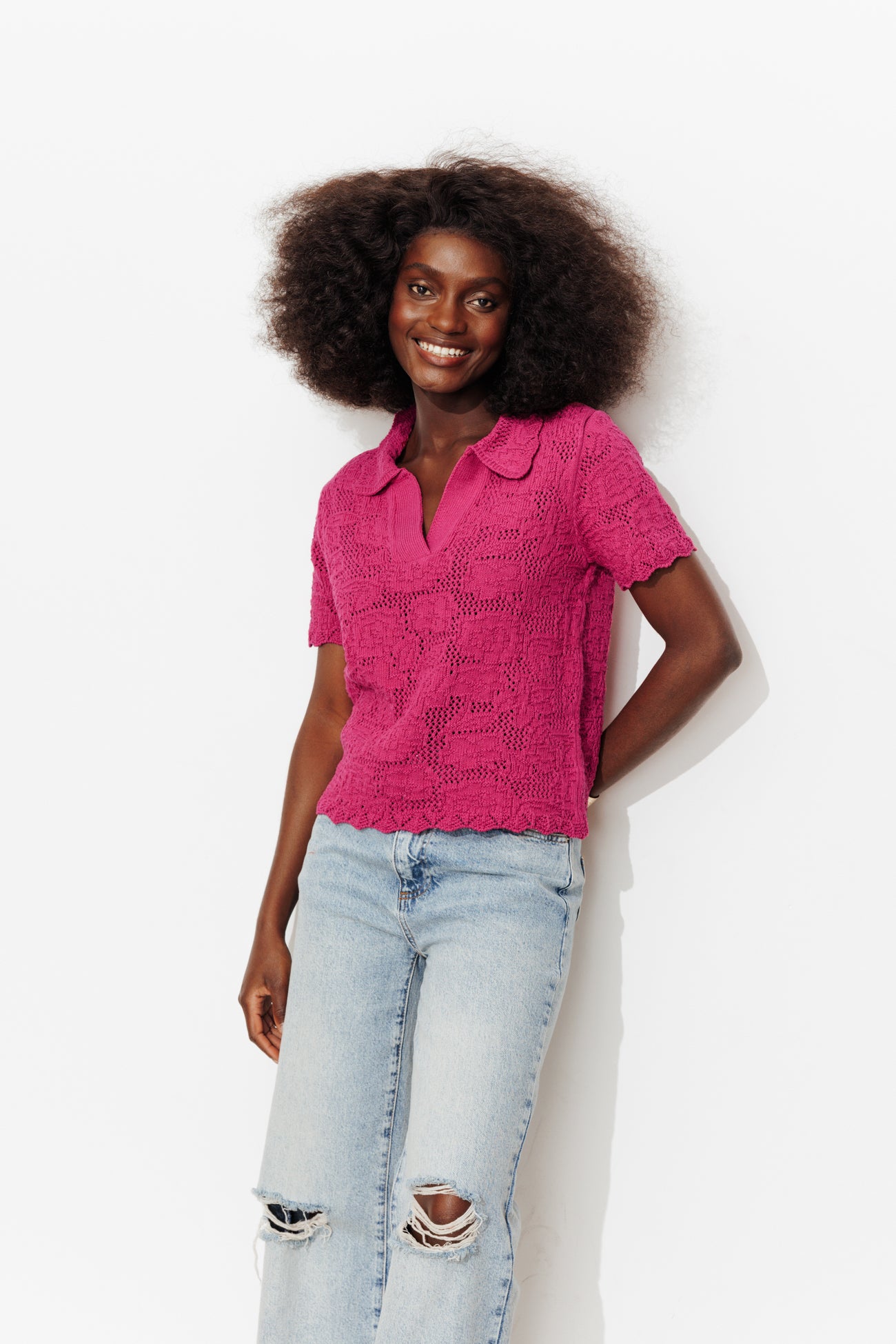 Pull en maille ajourée Femme - Rose fuchsia