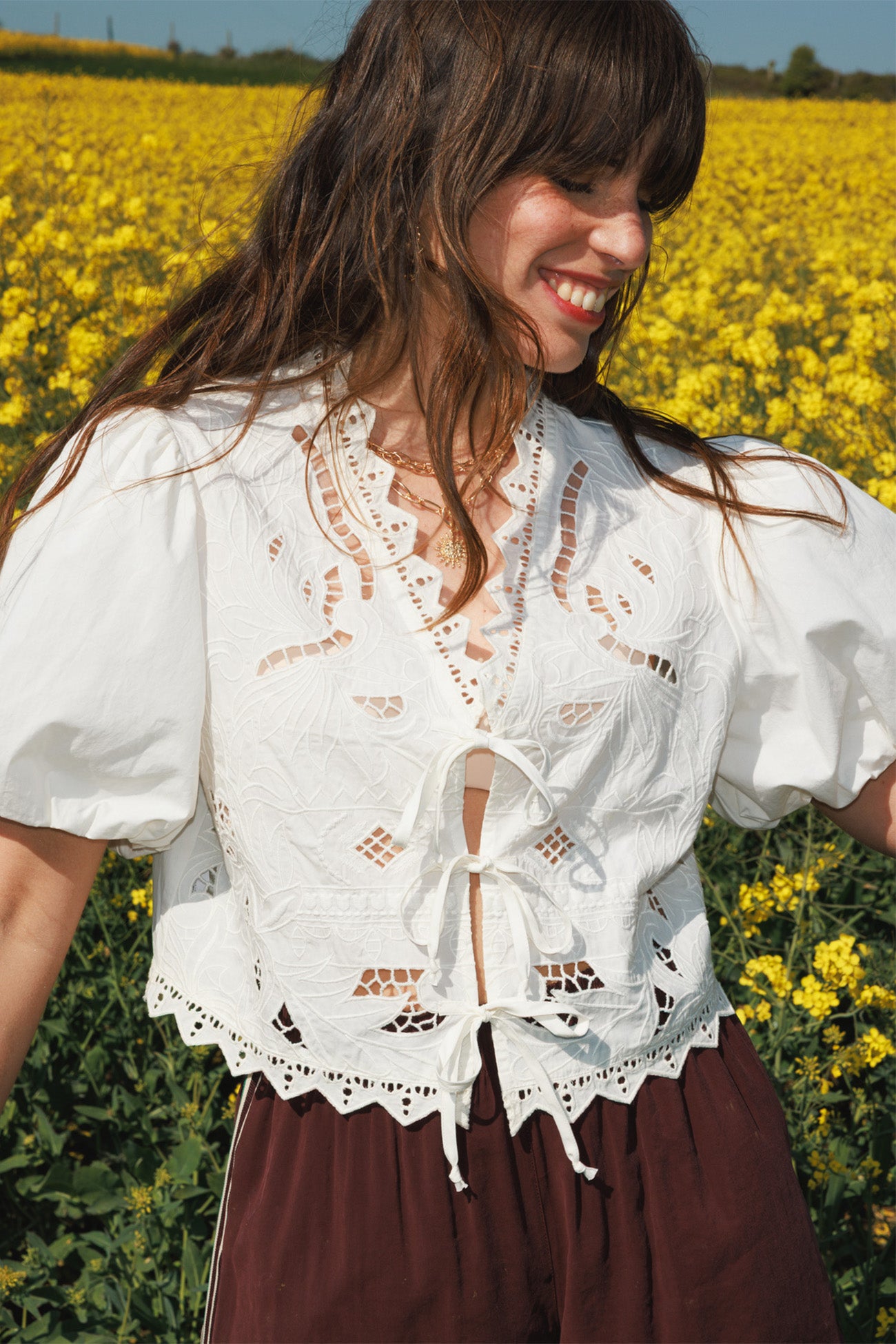 Blouse brodée manches ballon - Ecru