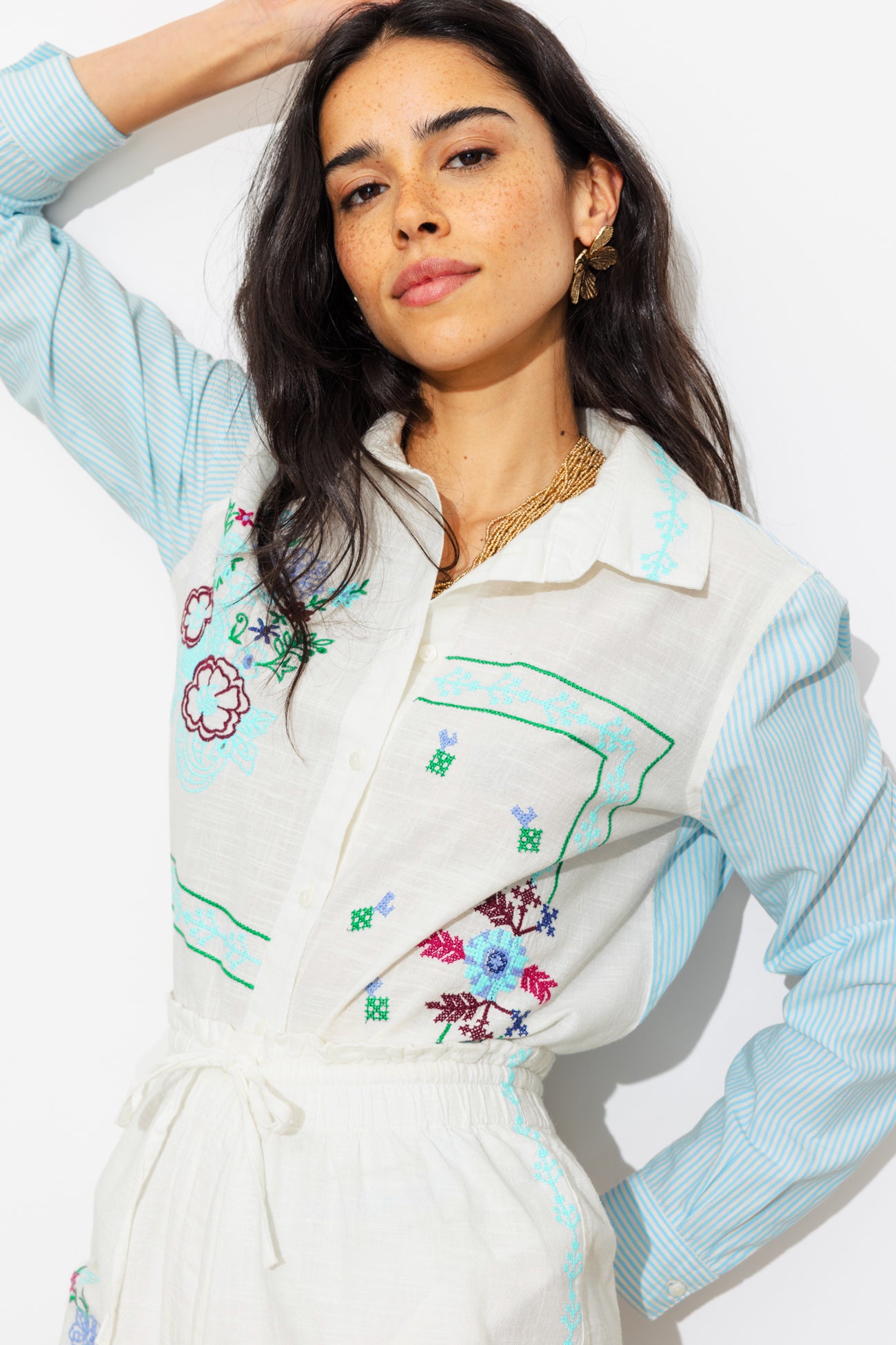 Chemise rayée et brodée Femme - Rayé marine – Image 4