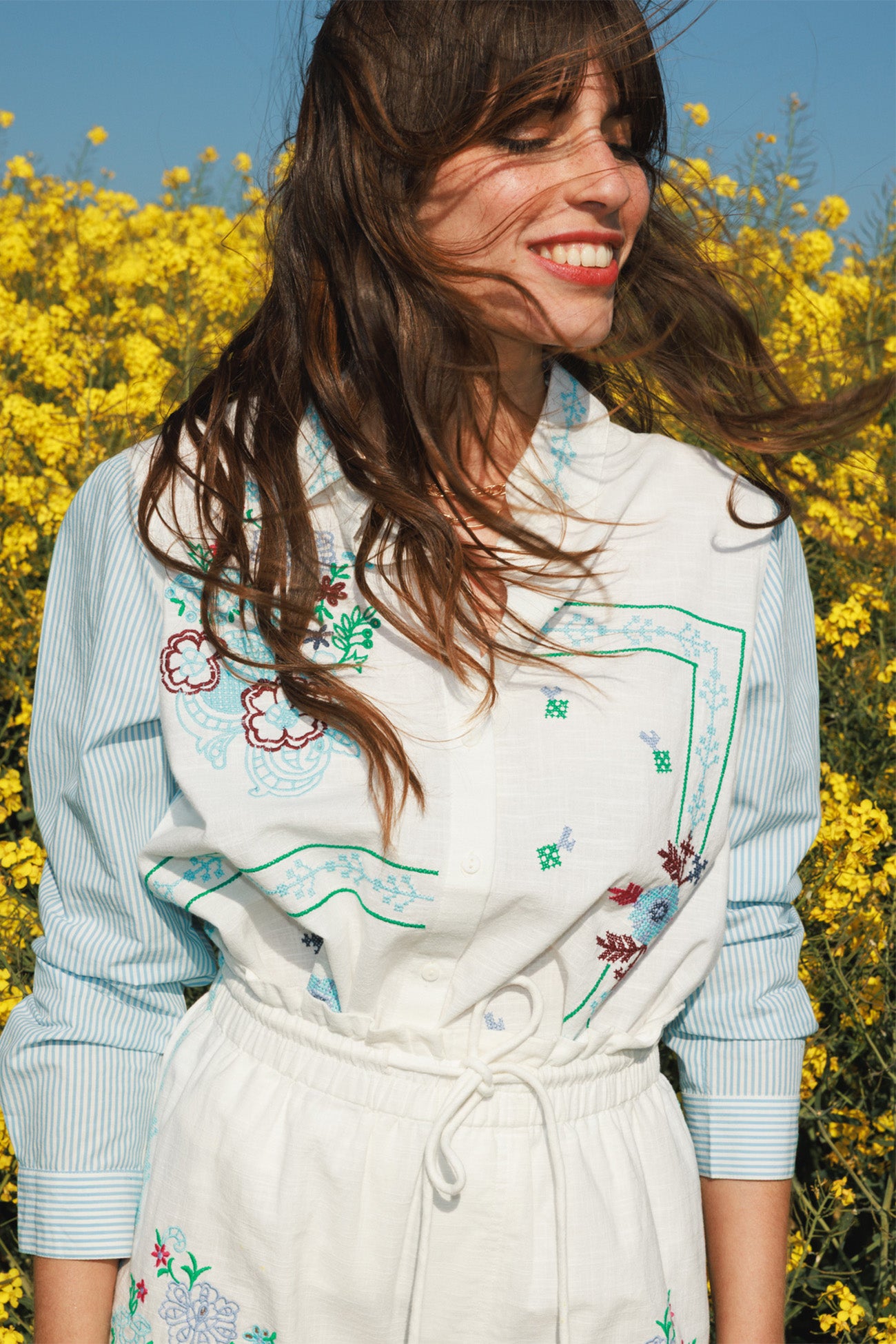 Chemise rayée et brodée Femme - Rayé marine
