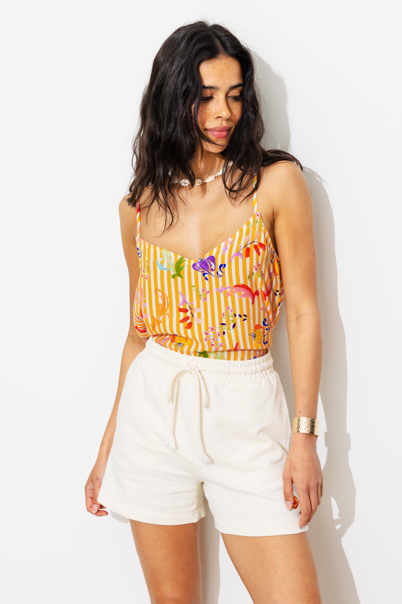 Top rayé et imprimé Femme - Rayé jaune