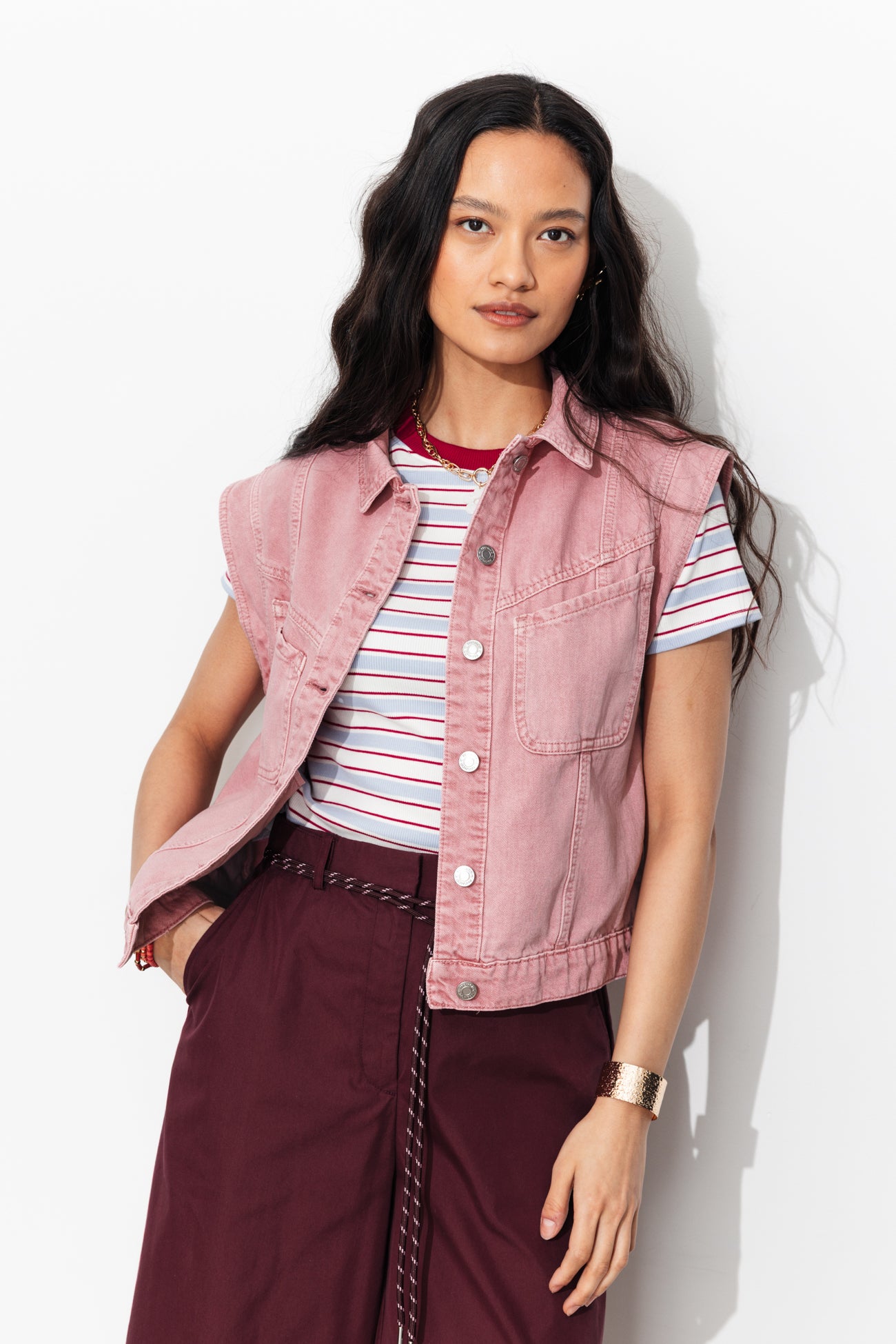 Veste jean sans manches LEONIE - Rose