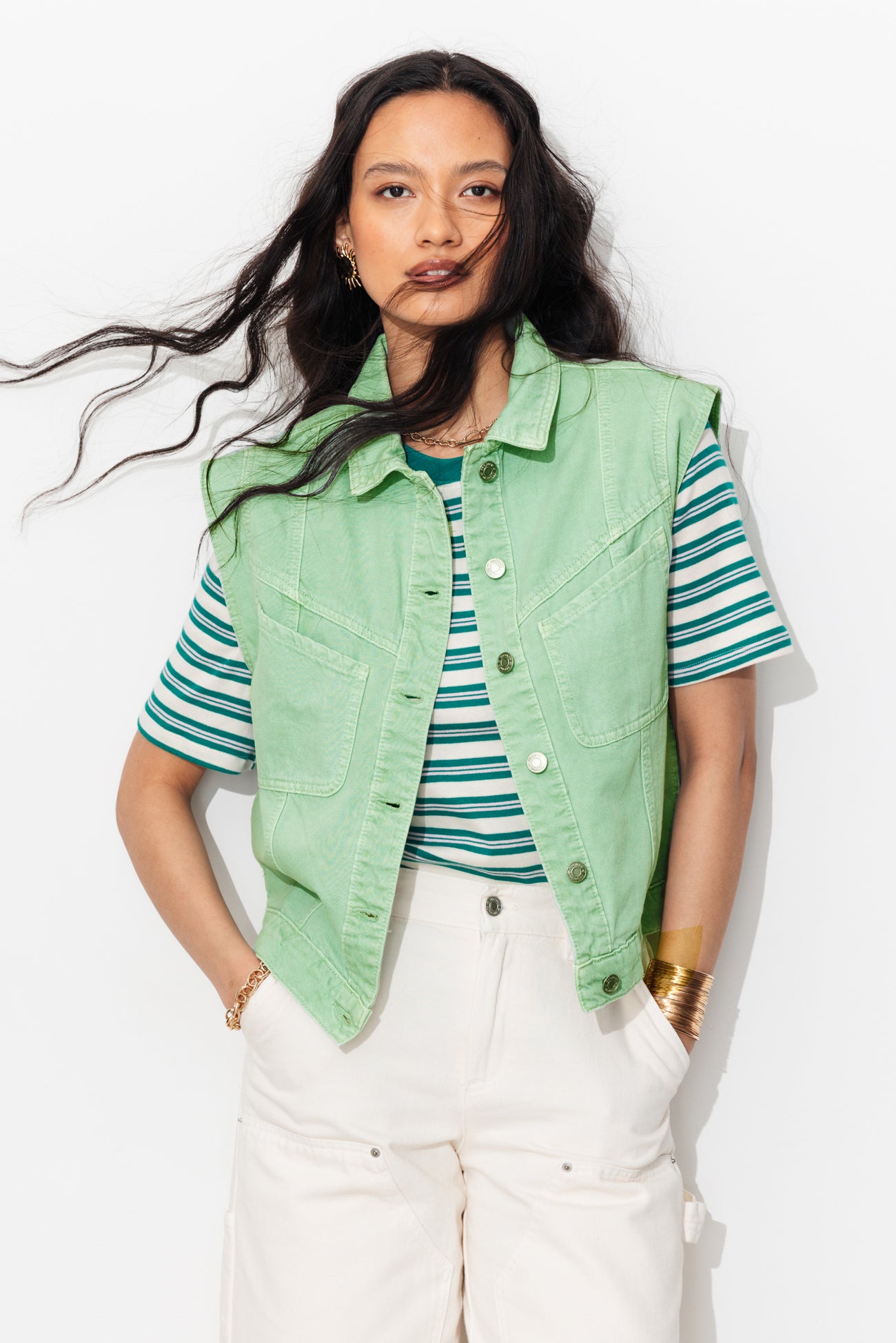 Veste jean sans manches LEONIE - Vert clair