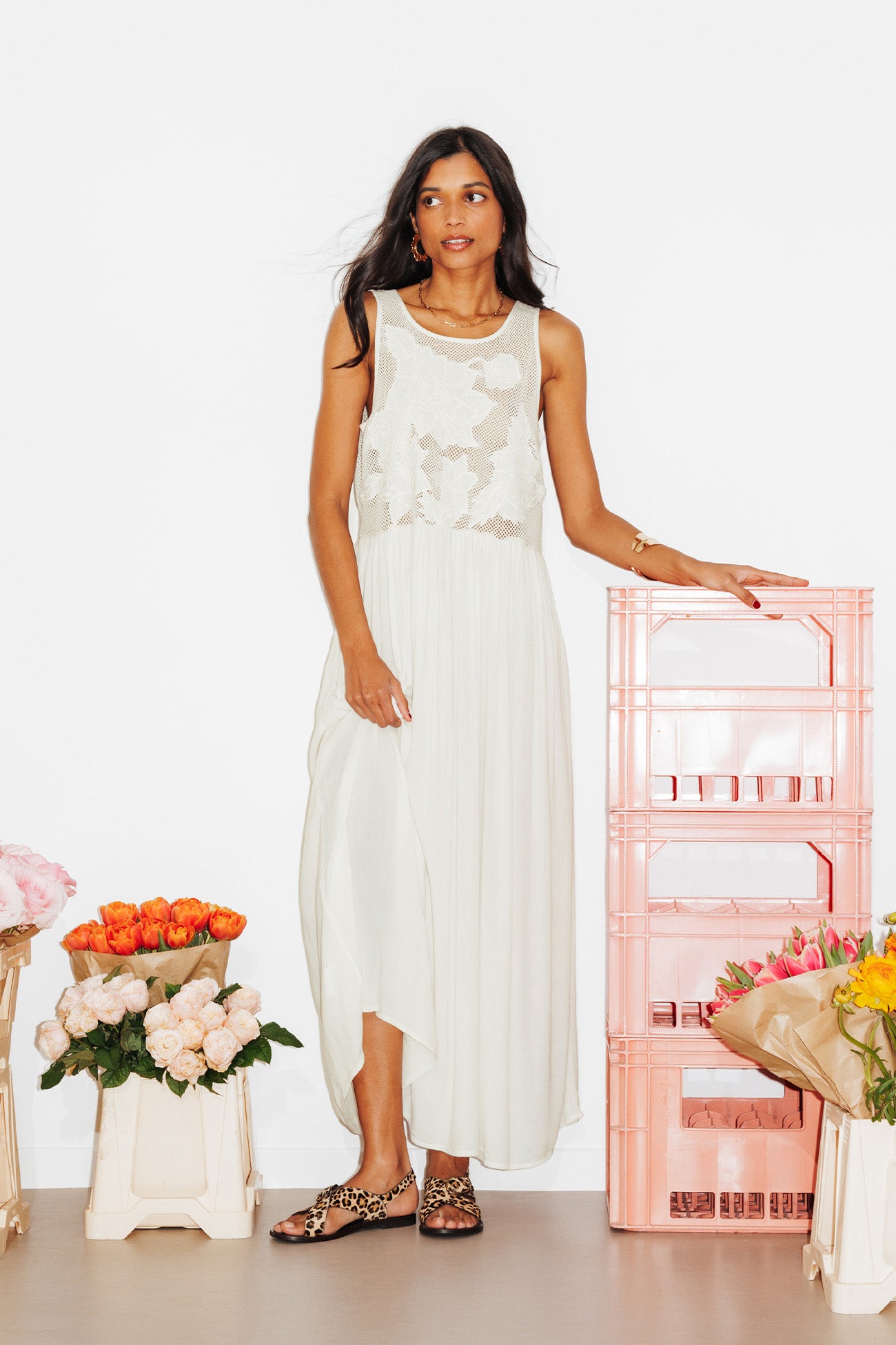 Robe longue brodée Femme - Ecru