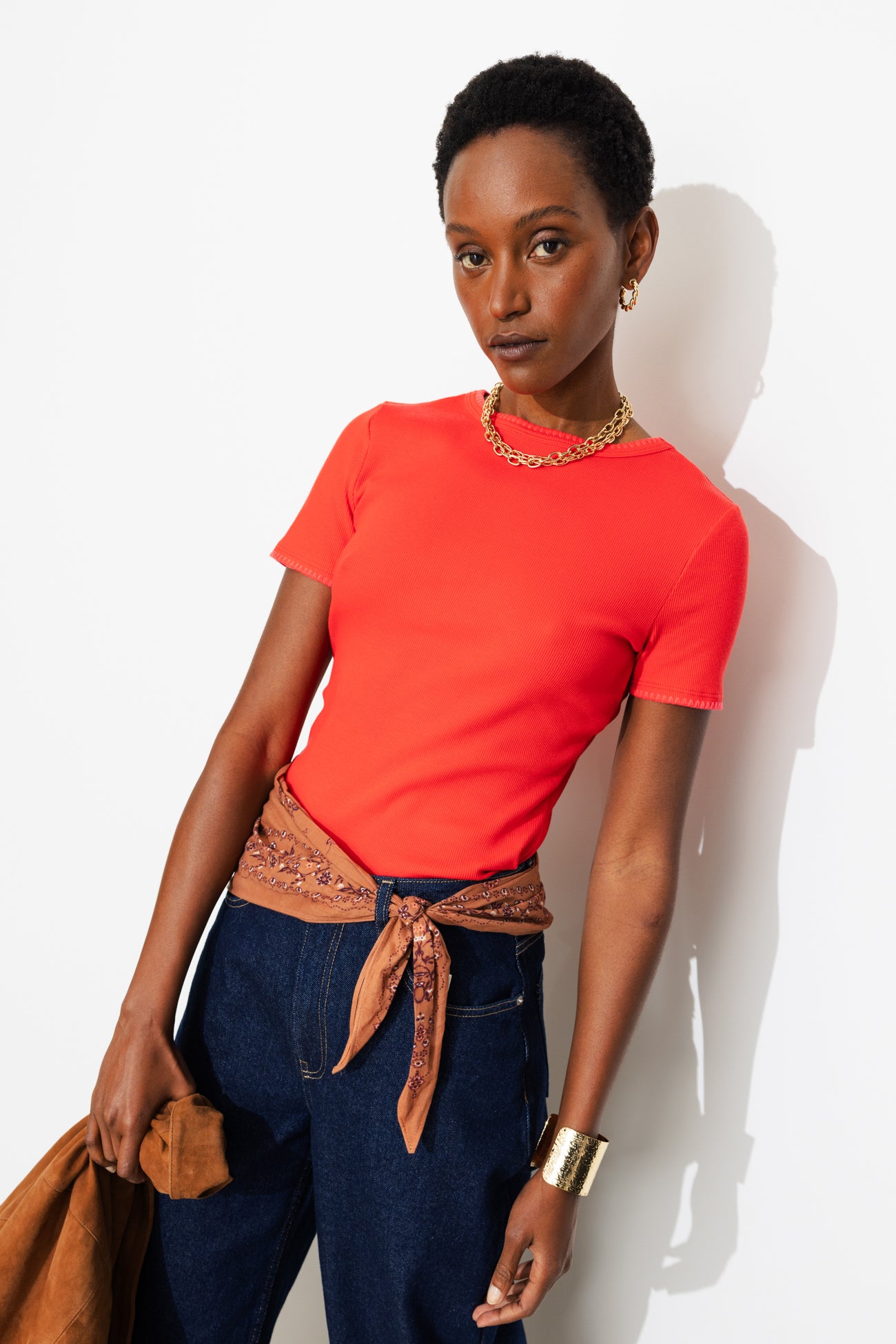 T-shirt en jersey côtelé Femme - Groseille
