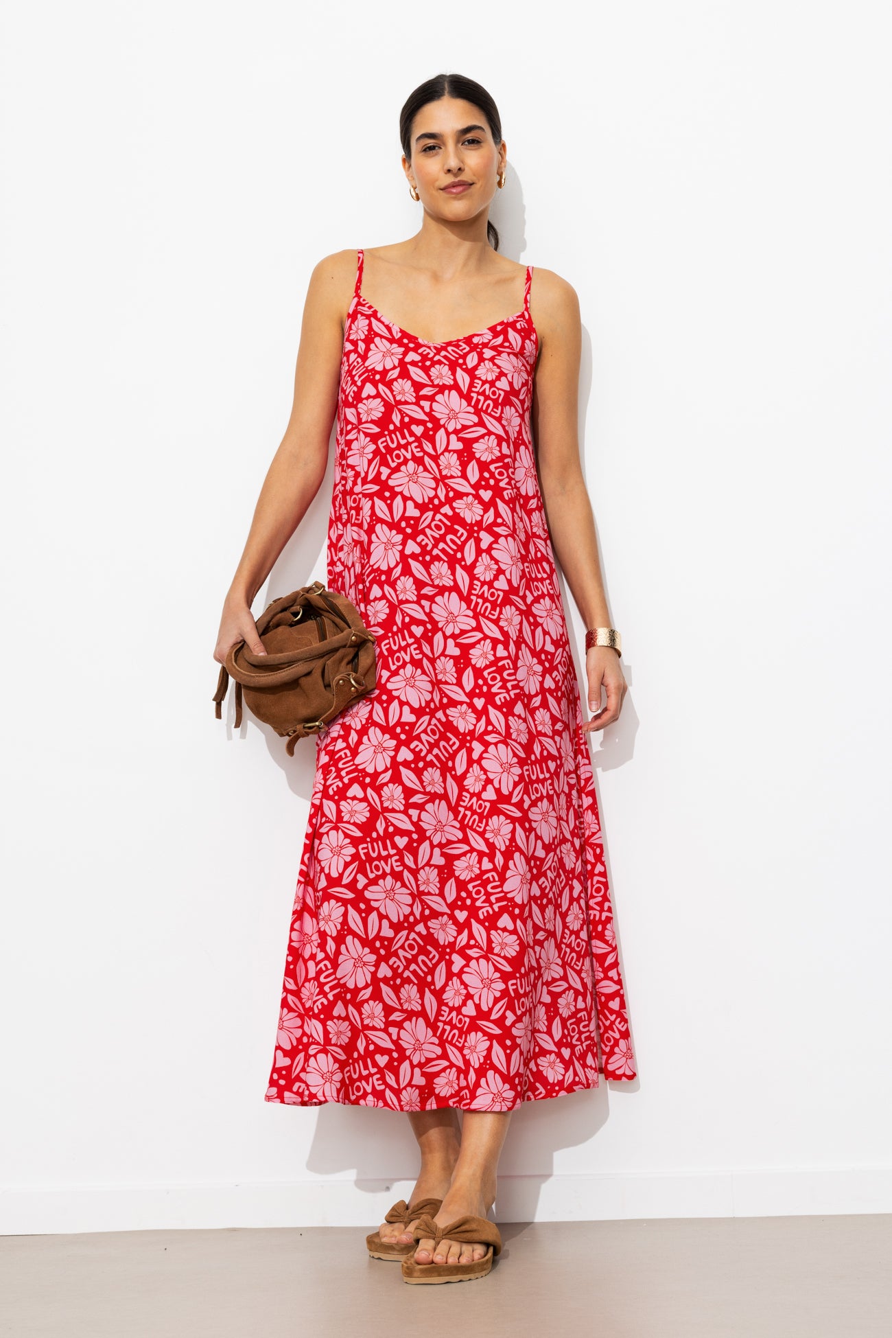 Robe longue à bretelles Femme - Imprimé rose