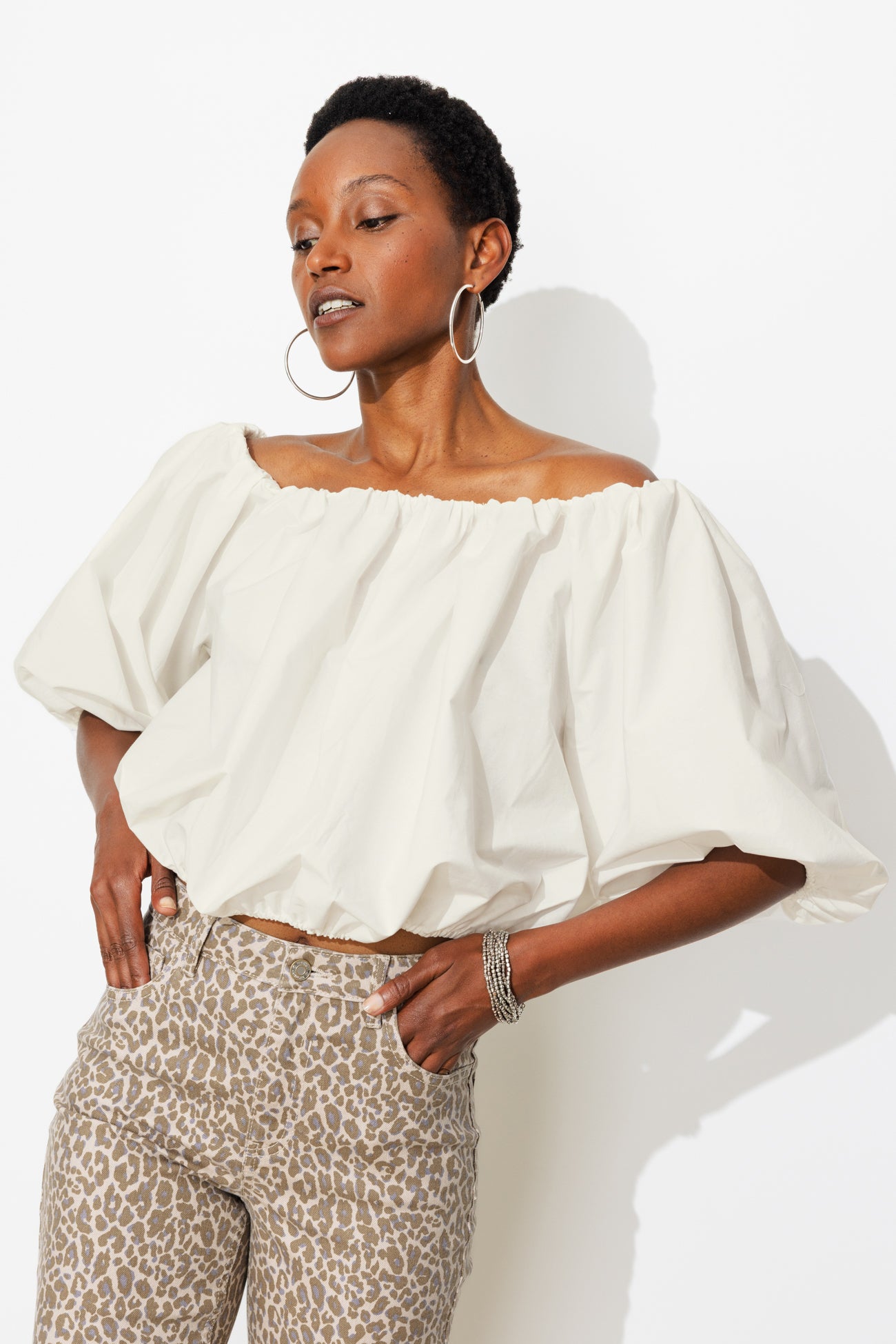 Blouse courte boule unie Femme - Ecru – Image 4