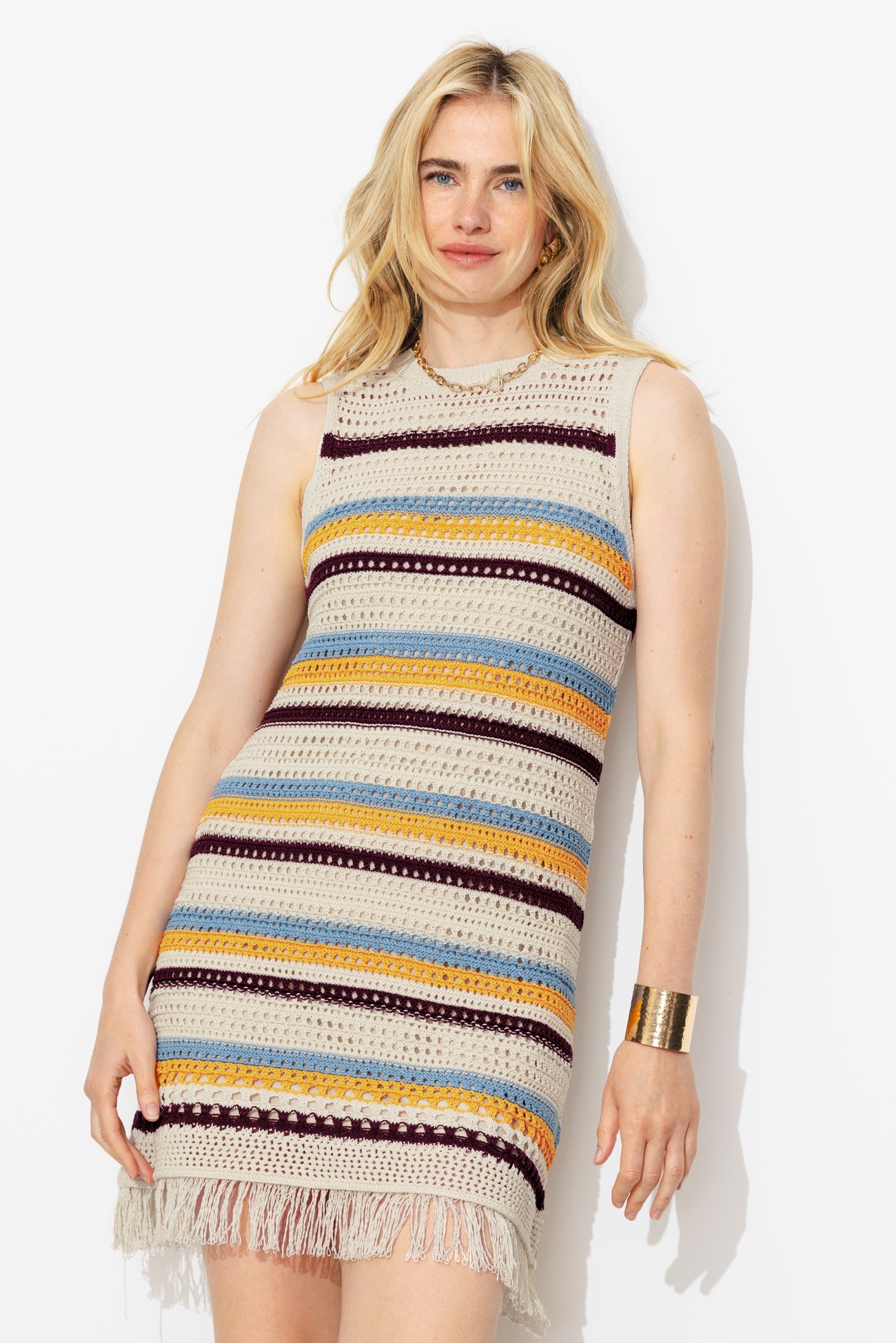 Robe rayée en crochet frangé - Rayures multicolores – Image 3