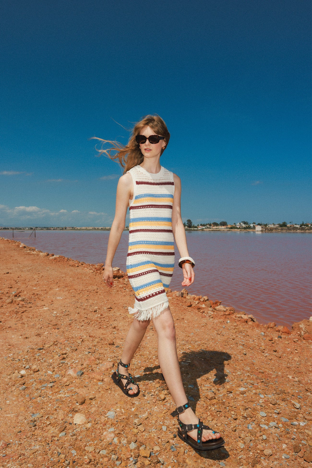 Robe rayée en crochet frangé - Rayures multicolores