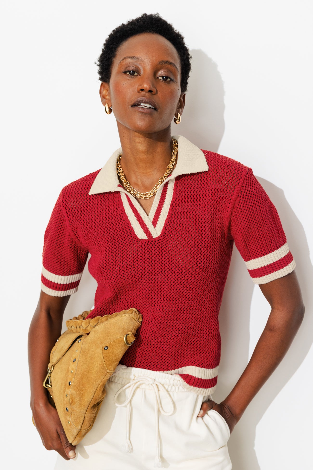 Pull polo en crochet Femme - Rouge