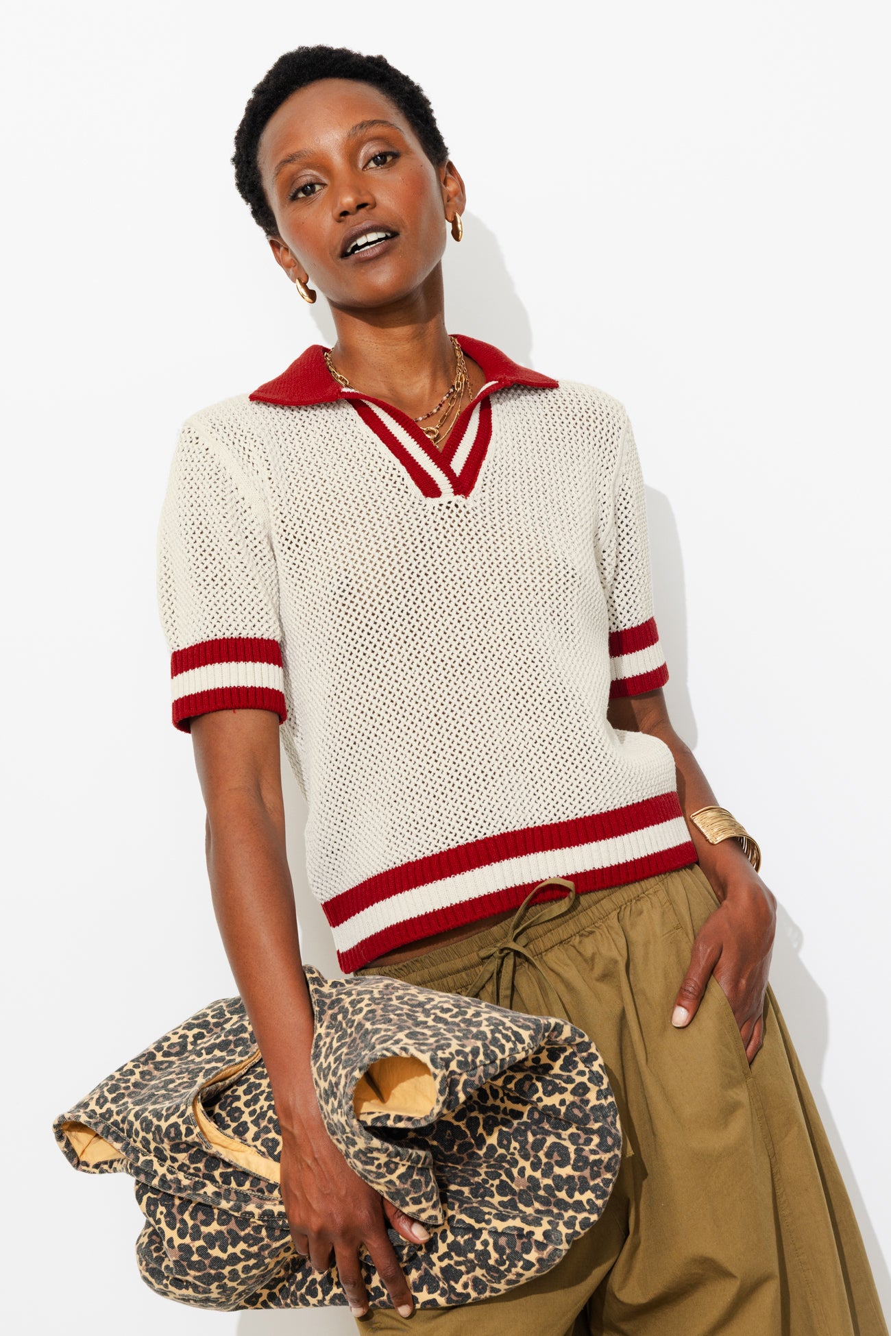 Pull polo en crochet Femme - Ecru