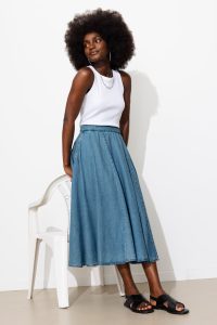 Jupe midi parapluie en jean – Jean moyen